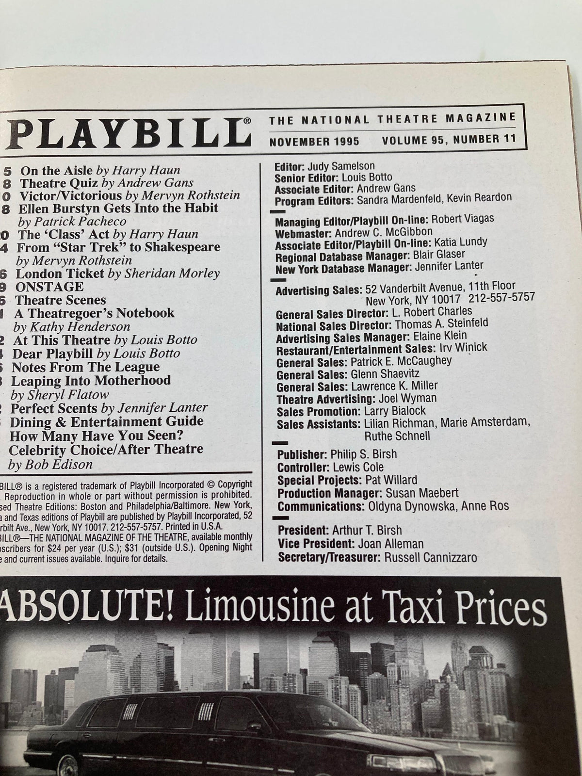 Inside page of the 1995 Playbill for Lincoln Center Theater's Racing Demon, showcasing magazine contents and editorial details in a classic theater publication format.