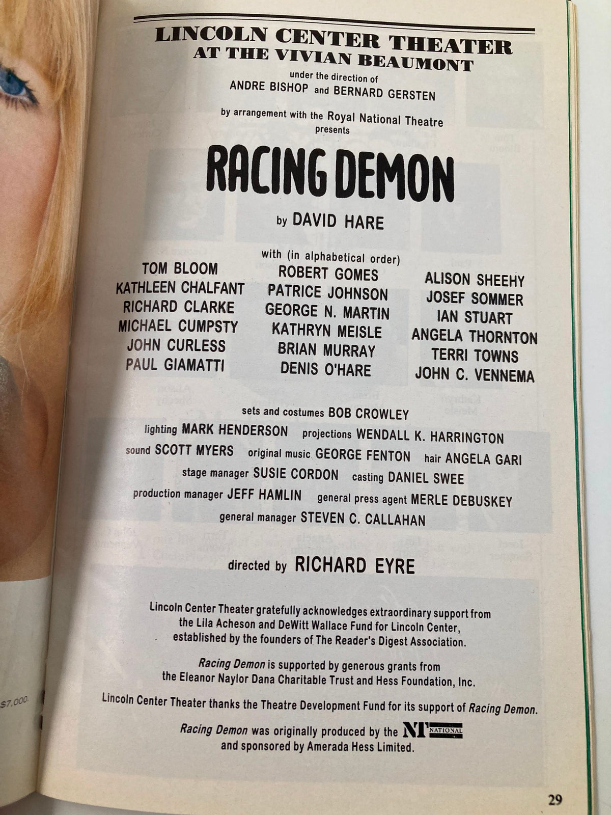 Credits page of the 1995 Playbill for Lincoln Center Theater's Racing Demon, detailing cast and crew members along with production information, highlighting the talent behind the performance.