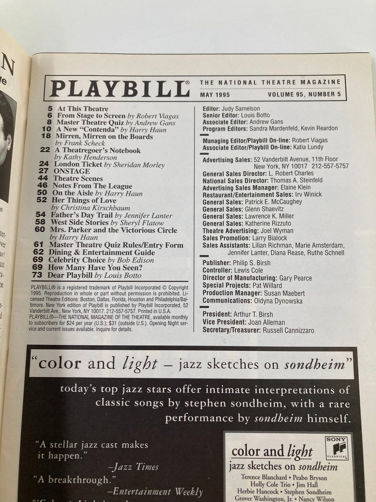 Interior page of the May 1995 Playbill showcasing various articles and listings, part of the Broadway memorabilia for Sunset Blvd starring Glenn Close.