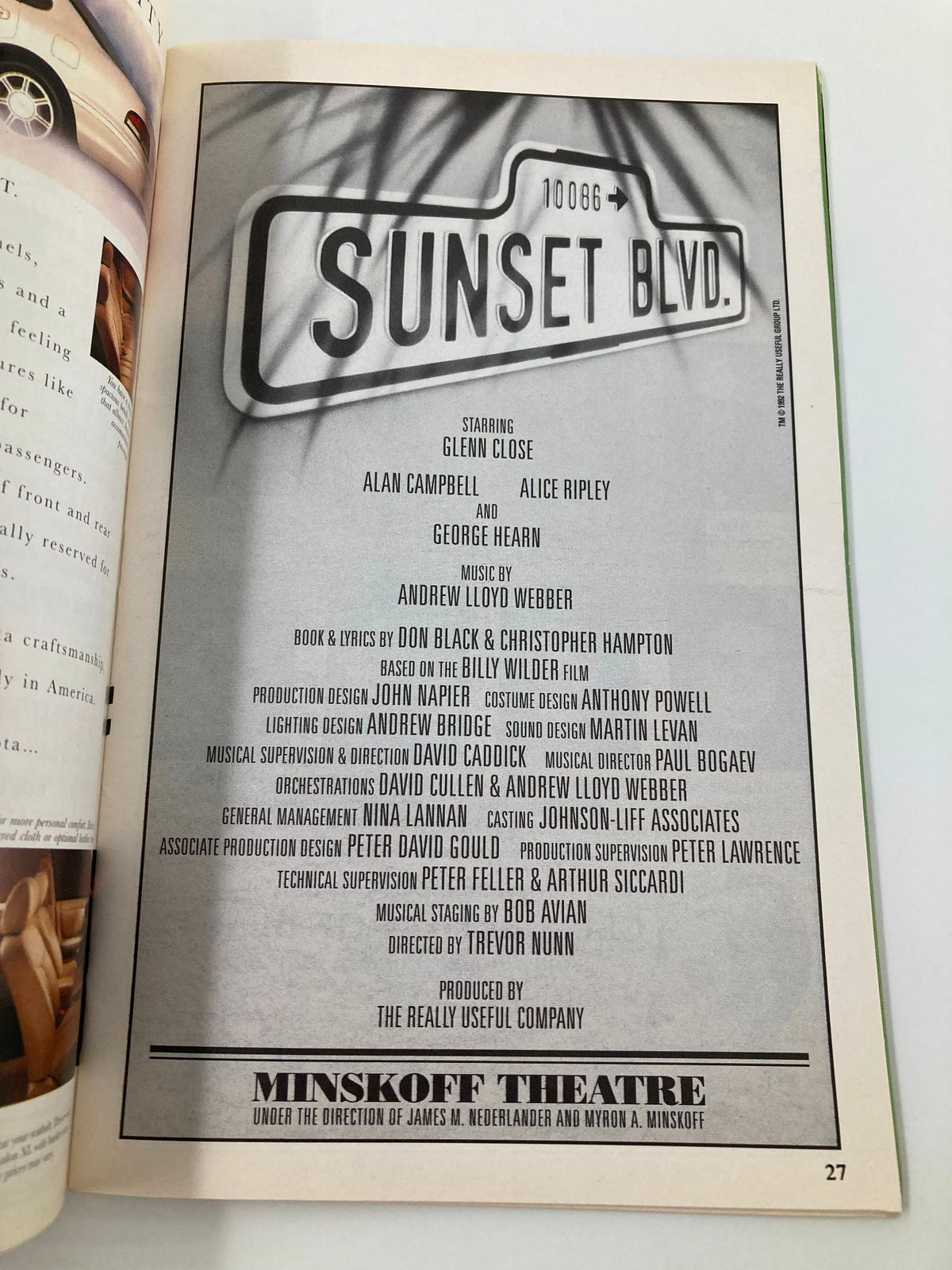 1995 Playbill for Sunset Blvd at Minskoff Theatre featuring Glenn Close and Alan Campbell, showcasing cast details and production information.