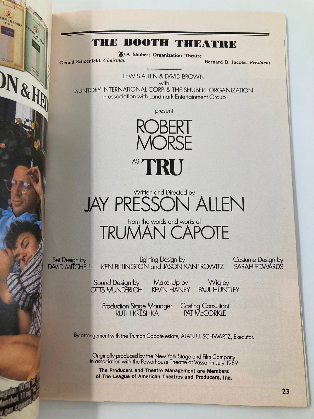 1990 Playbill The Booth Theatre featuring Robert Morse as Tru, directed by Jay Presson Allen. The playbill showcases credits for set design, lighting, and costumes, capturing a moment in Broadway history.