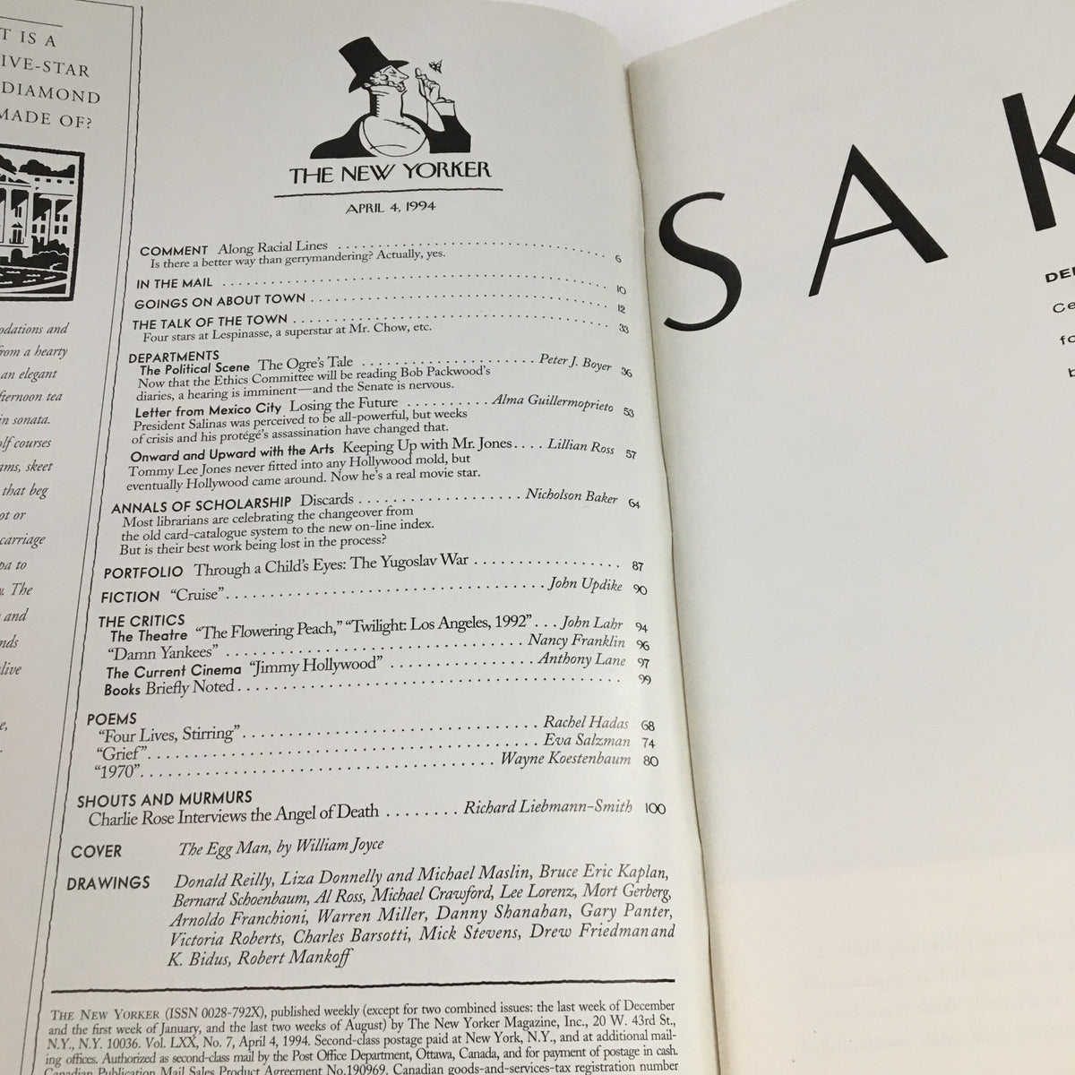 Inside page of The New Yorker April 4 1994 showing the table of contents including various articles and features, showcasing the magazine's layout and typography.