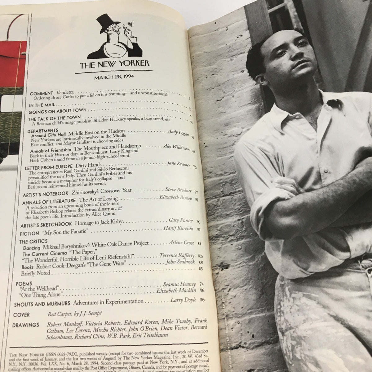 Interior page of The New Yorker March 28 1994 magazine displaying the table of contents along with a black and white portrait of a man, highlighting the journalistic and artistic themes of that era.