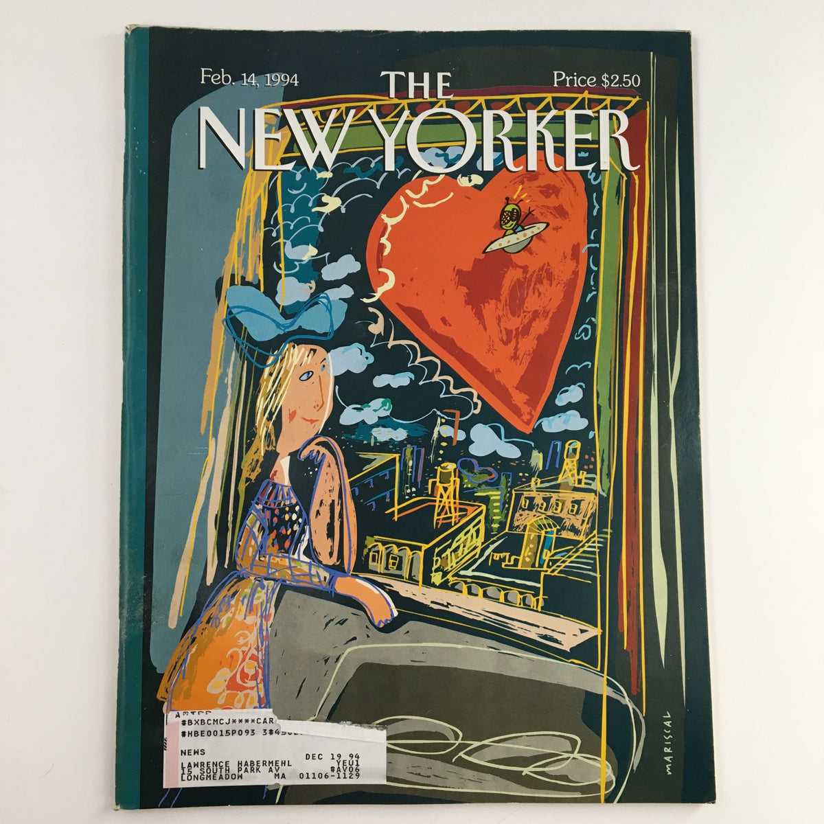 Cover of The New Yorker February 14 1994 magazine featuring a thematic illustration by Javier Mariscal, showcasing a woman looking out at a city skyline with a heart-shaped motif.