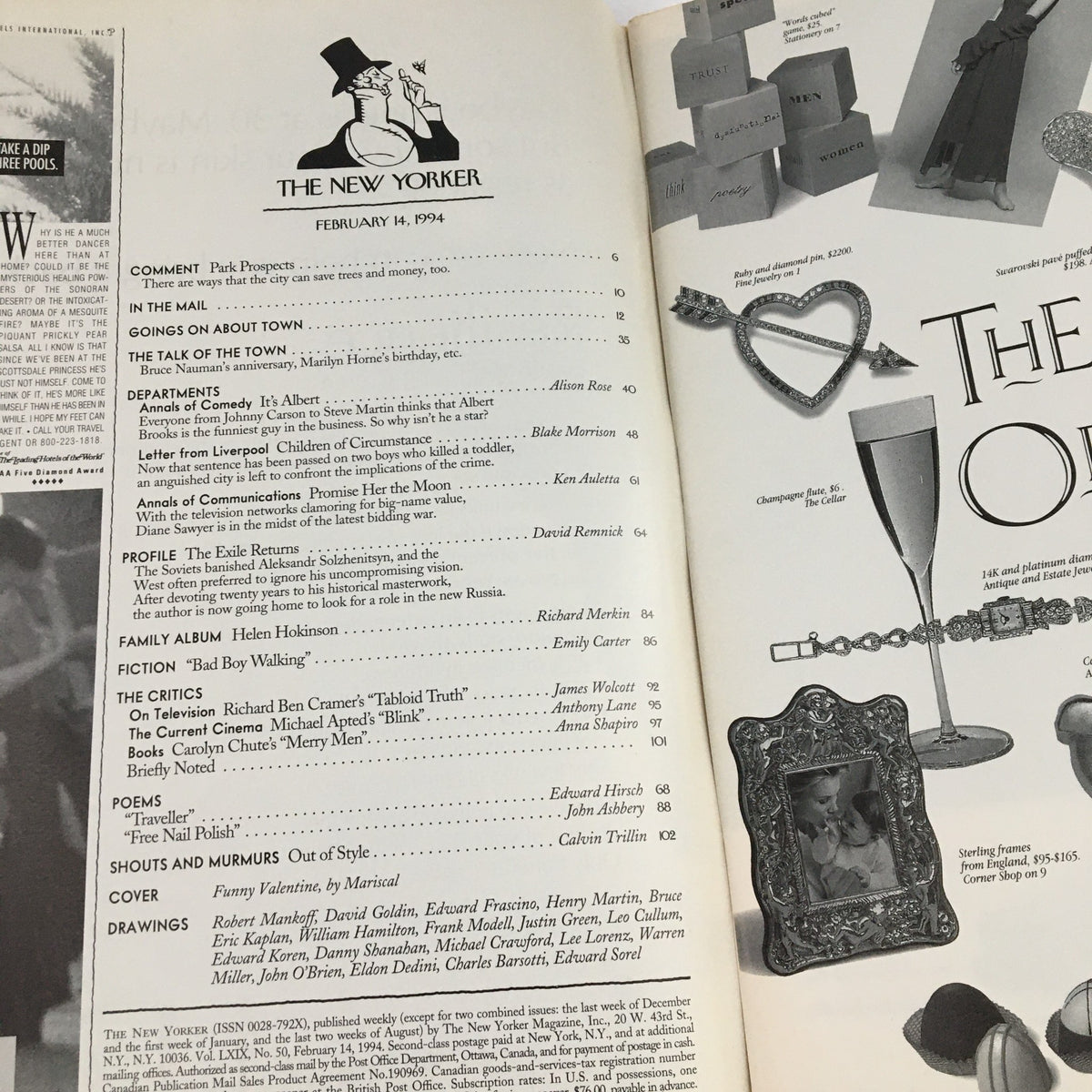 Table of contents page from The New Yorker February 14 1994 magazine, outlining features like articles, fiction, and cover drawings, highlighting the artistic direction of the publication.