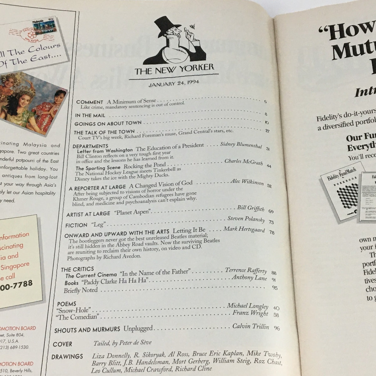 Inside page of The New Yorker January 24, 1994, showcasing the table of contents with various articles and contributions, including the illustration by Peter de Sève.
