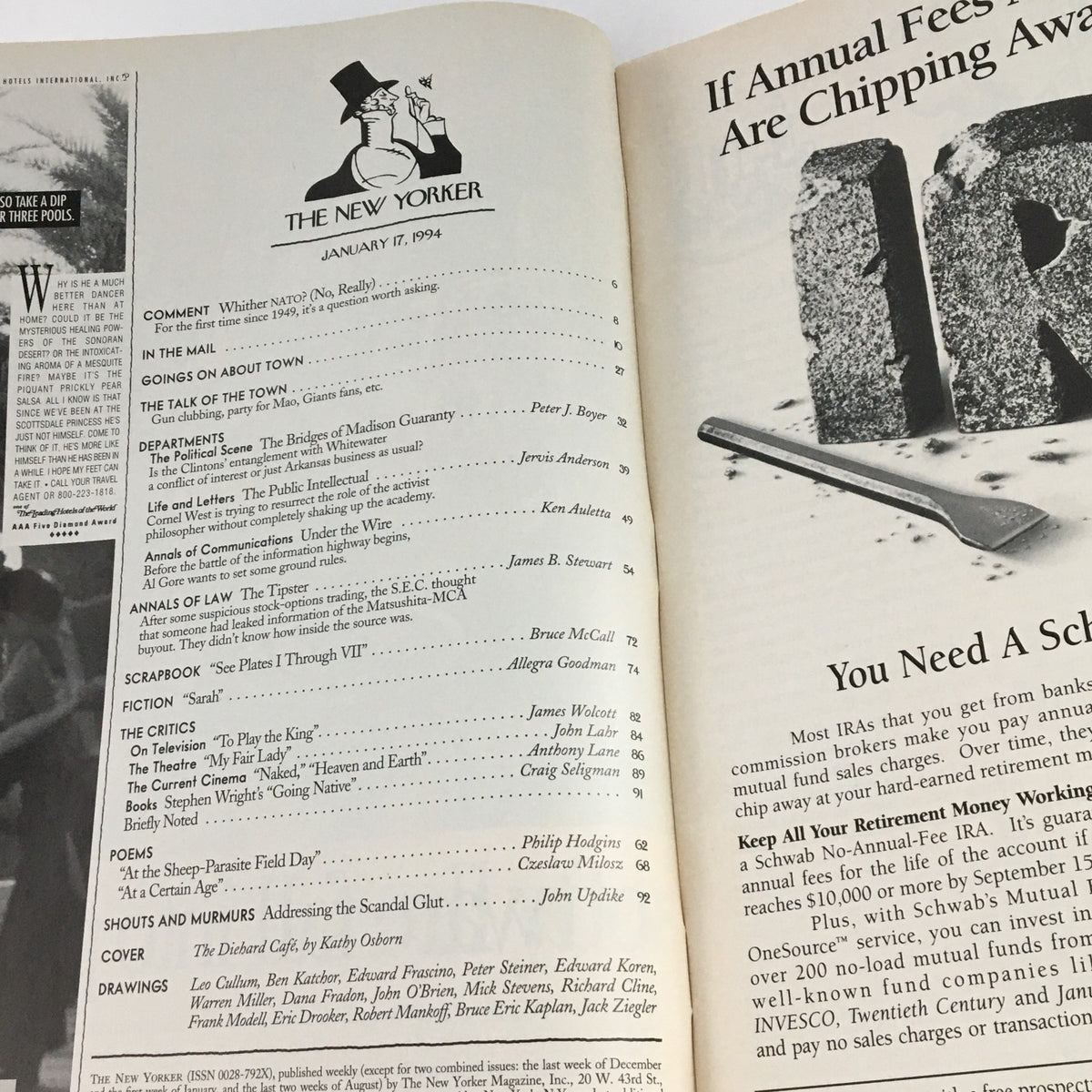 Inside pages of The New Yorker January 17 1994 magazine displaying the table of contents, featuring various articles and illustrations reflecting the cultural discussions of the time.