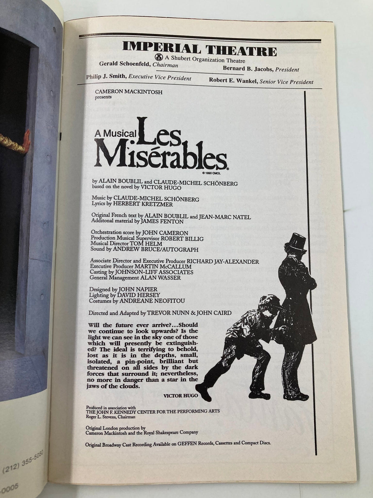 Inner page of the August 1996 Playbill for Les Miserables, featuring production credits and a synopsis of the musical directed by Trevor Nunn.