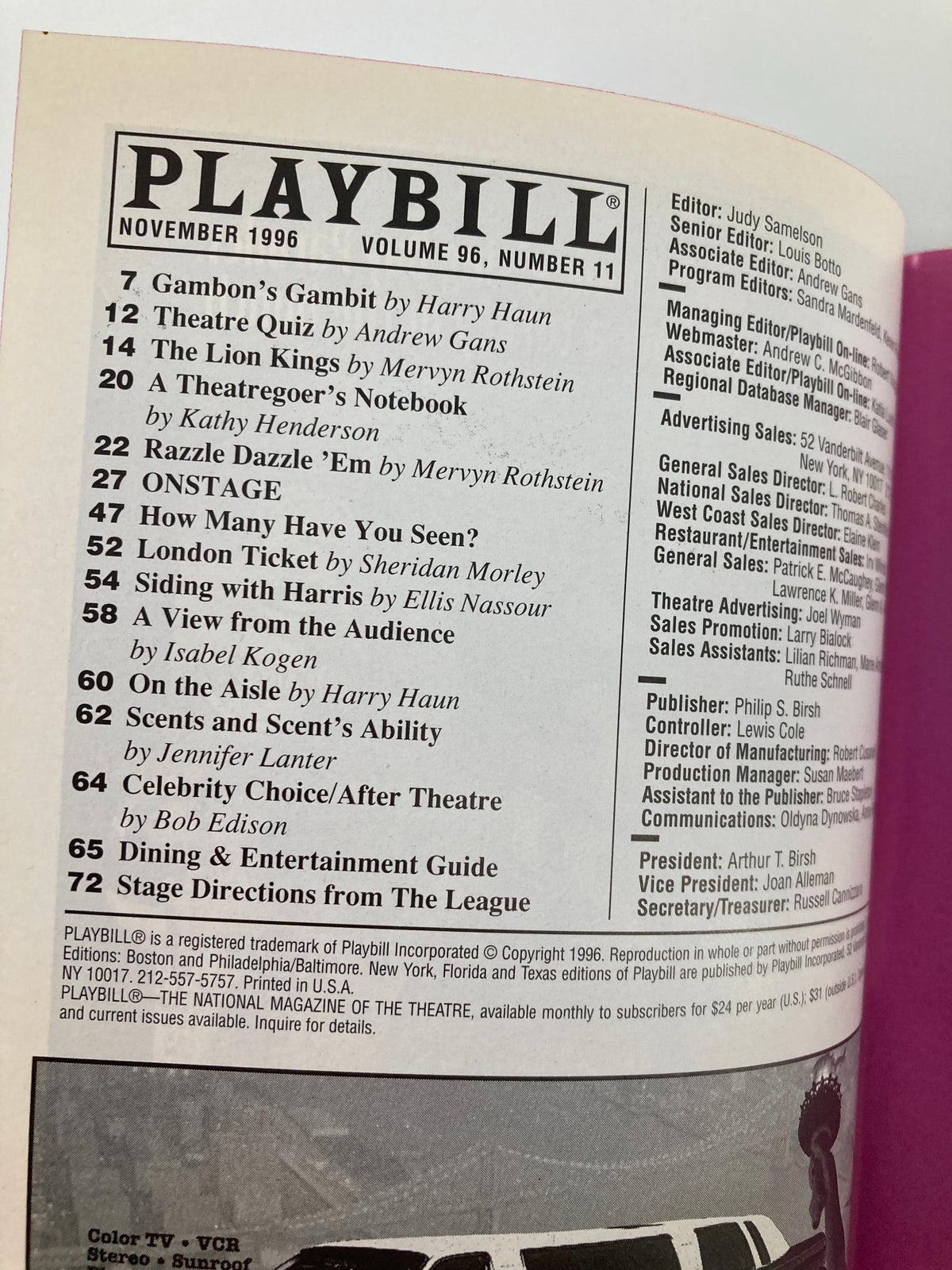 Interior page of the 1996 Playbill for Present Laughter, displaying a list of productions and advertisements from the Walter Kerr Theatre, capturing the essence of Broadway history.