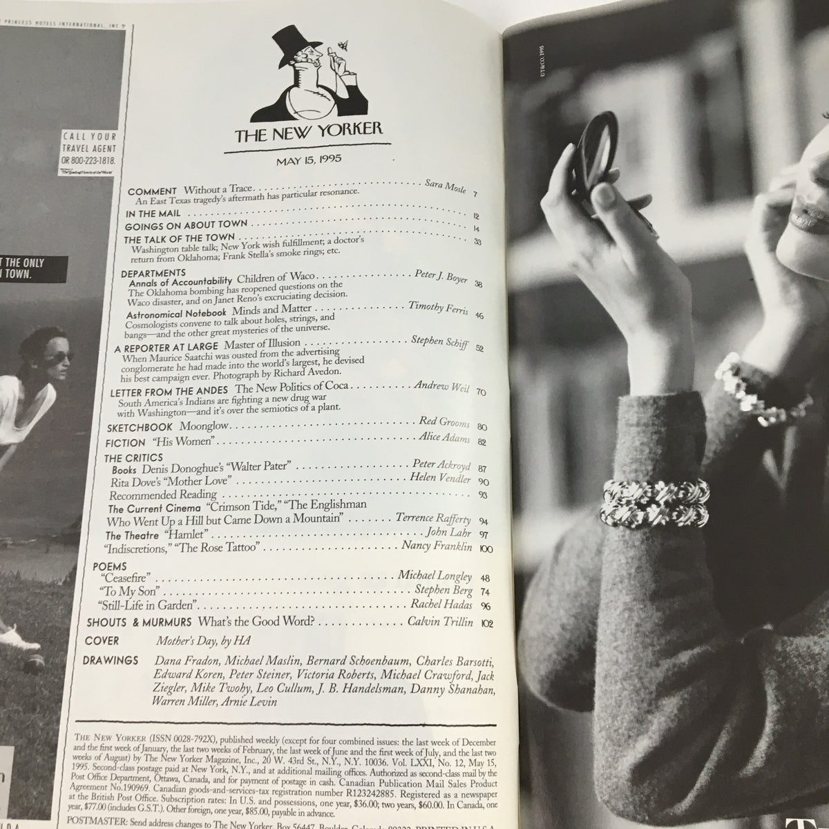 Interior page from The New Yorker magazine dated May 15, 1995, showcasing the table of contents and article listings.