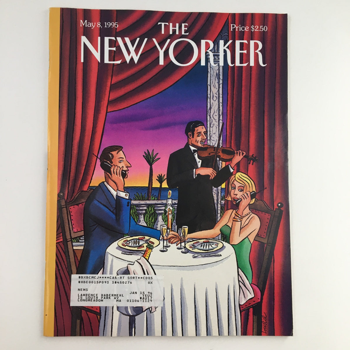 Cover of The New Yorker dated May 8, 1995, featuring artistic illustration by Jacques de Loustal, showcasing a dining scene with musicians and elegant patrons in a vibrant setting.