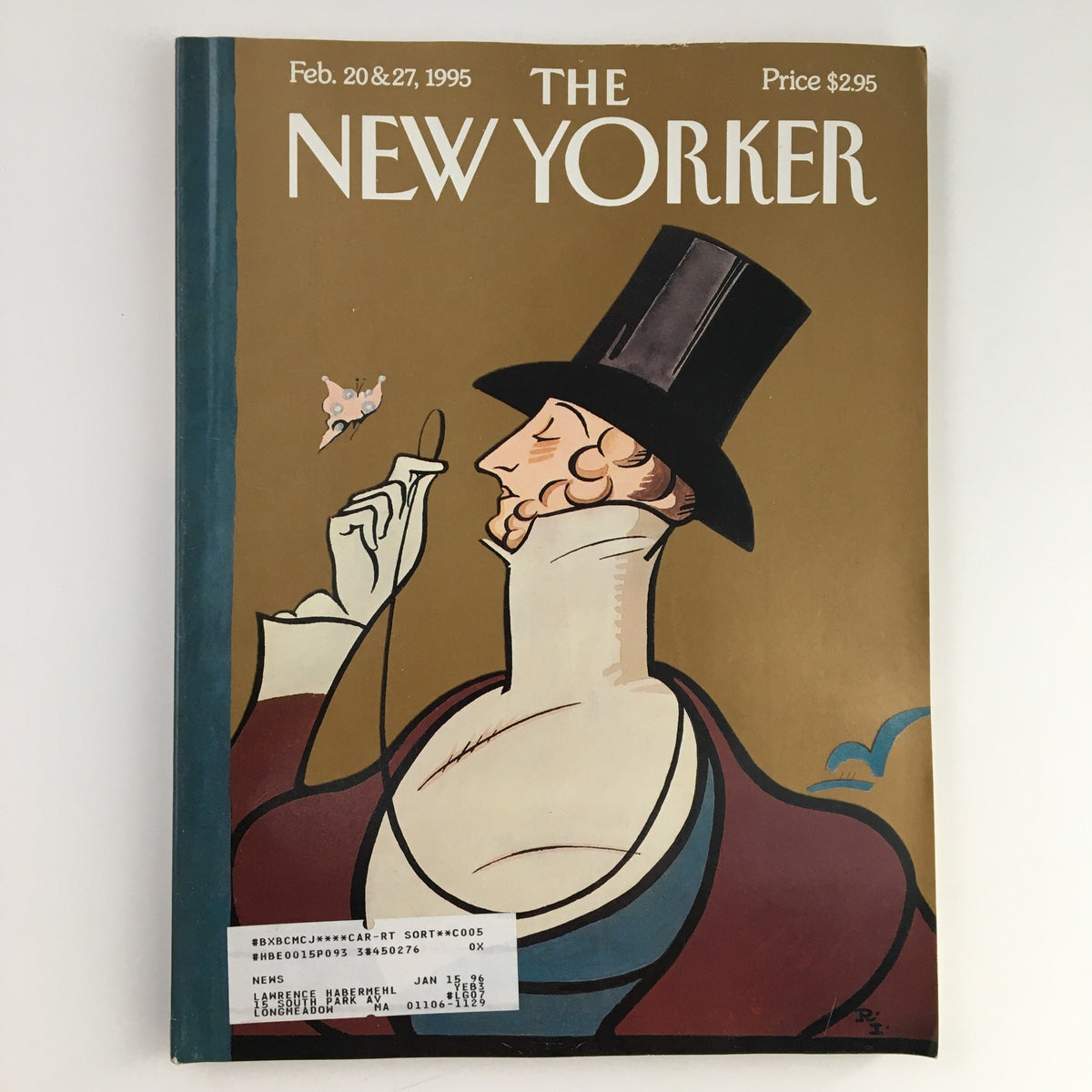 Cover of The New Yorker February 20 1995 Full Magazine Theme Cover by Rea Irvin, featuring an elegant character with a top hat holding a thin cigarette, set against a warm gold background.