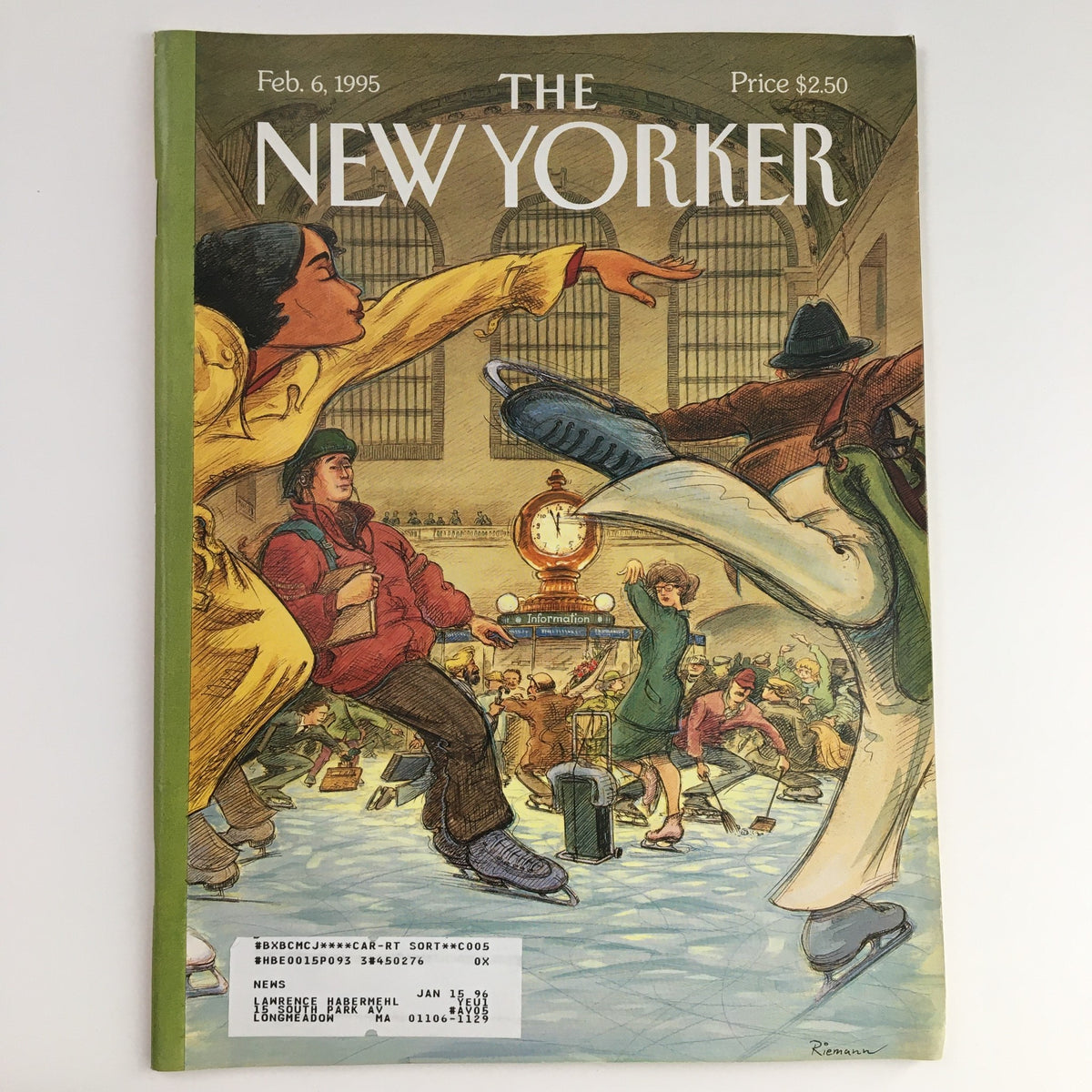 The New Yorker February 6 1995 Full Magazine Theme Cover by George Riemann featuring an illustration of people engaging in activities at a busy location, emphasizing vibrant colors and dynamic motion.