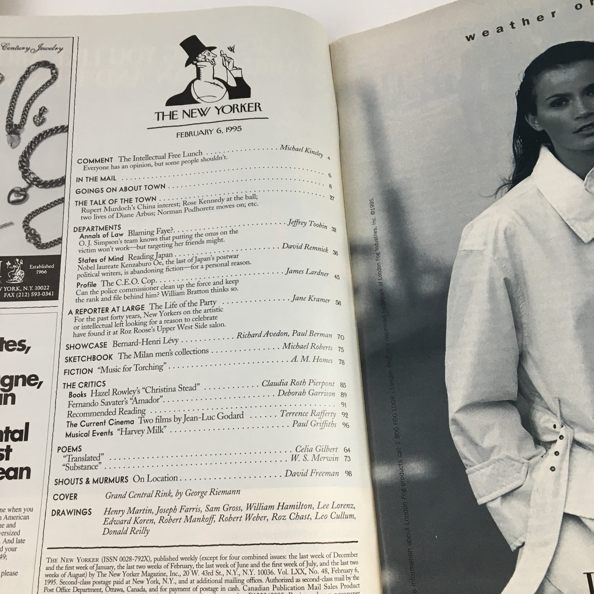 Interior page of The New Yorker February 6 1995 showing the table of contents, highlighting various articles and features, designed by George Riemann.