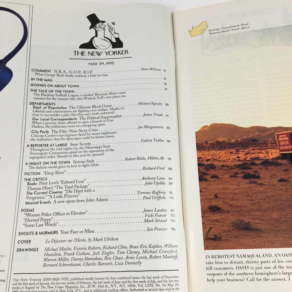 Table of contents from The New Yorker magazine dated May 29, 1995, featuring a classic design with a prominent logo at the top, highlighting various articles within the issue, including commentary, fiction, and features, contributing to the overall cultural and journalistic essence captured by Mark Ulriksen's full magazine theme cover.