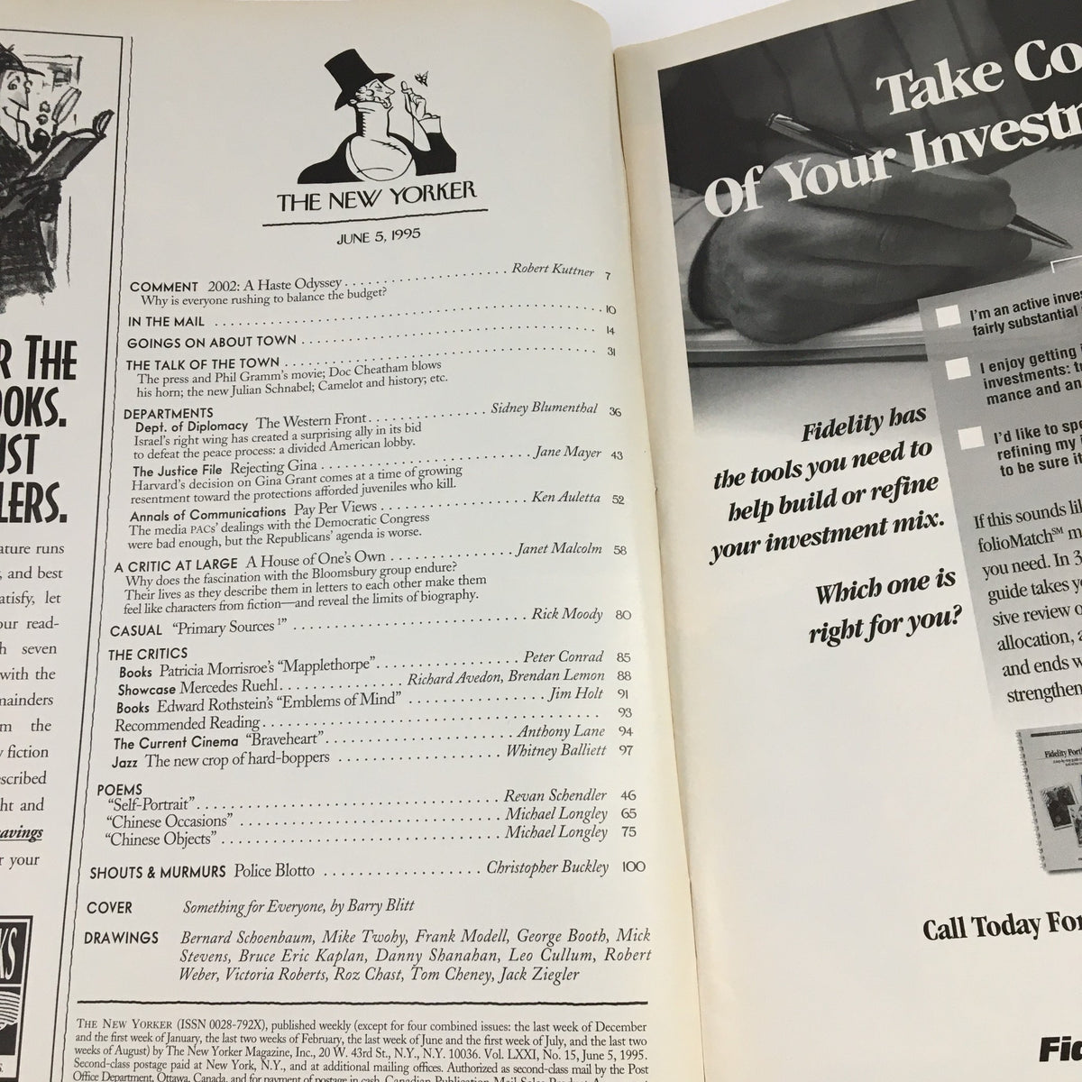 Inside content page of The New Yorker June 5, 1995, listing articles and features contained within this vintage magazine issue.