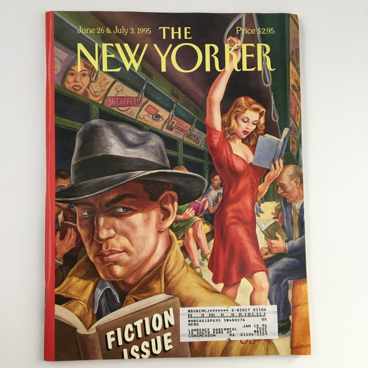 The New Yorker June 26 1995 Full Magazine Theme Cover by Owen Smith featuring a captivating illustration of a stylish woman reading in public and a focused man reading, depicted in a vintage art style.
