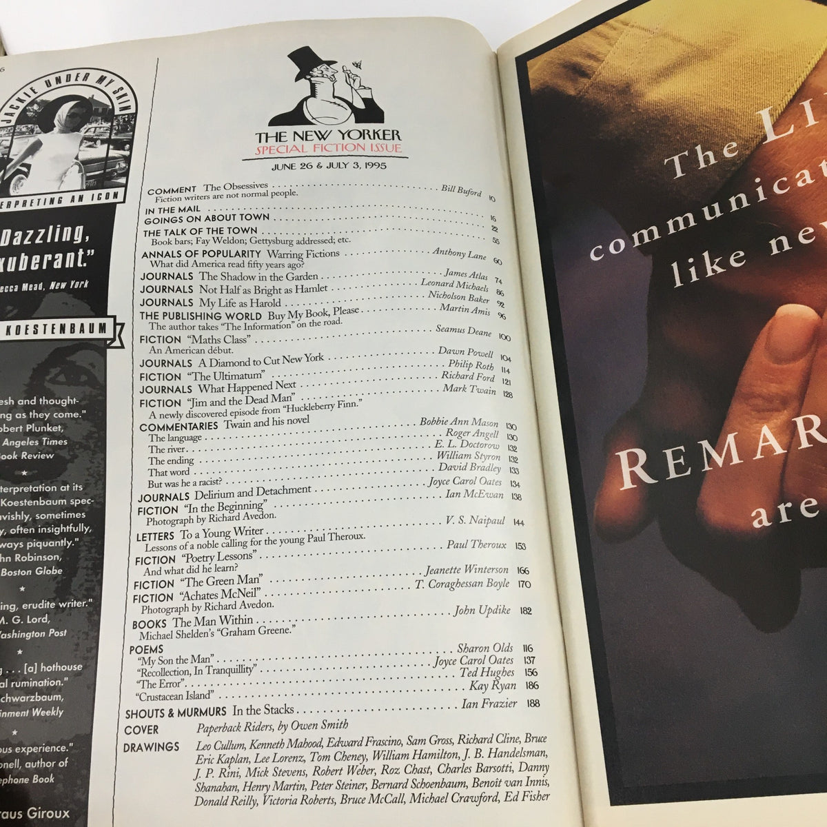 Interior page of The New Yorker June 26 1995 Full Magazine Theme Cover by Owen Smith, showcasing the table of contents and notable articles from the Special Fiction Issue.
