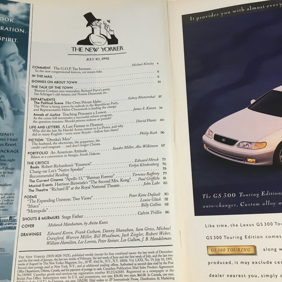 Table of contents page from The New Yorker July 10, 1995 issue, listing features and articles, including the cover design by Anita Kunz.