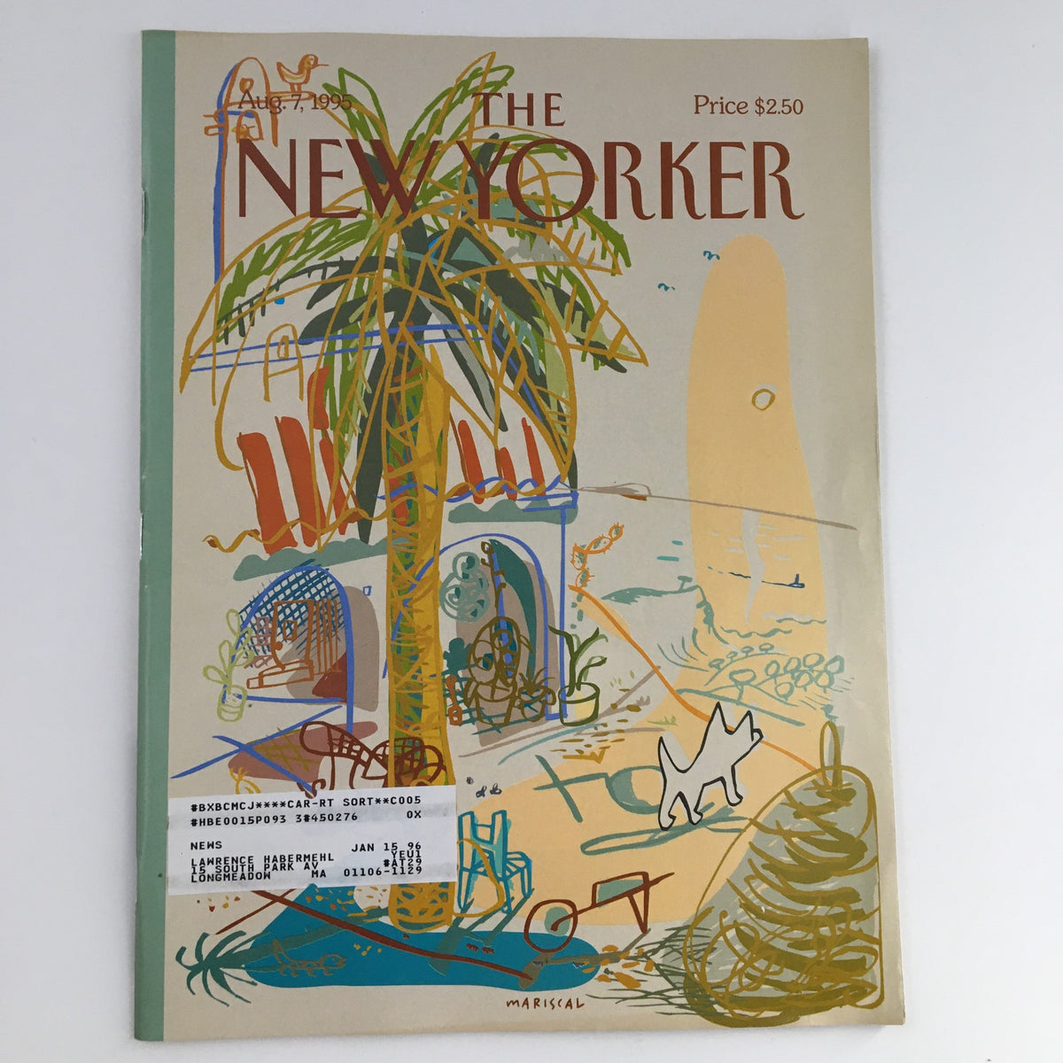 Cover of The New Yorker magazine dated August 7, 1995, featuring a colorful illustration by Javier Mariscal depicting a tropical scene with palm trees and a beach theme.