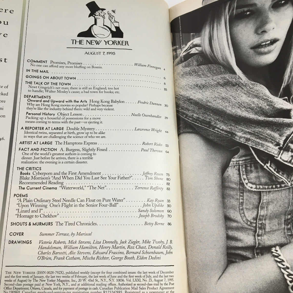 Interior page of The New Yorker magazine from August 7, 1995, showing the table of contents with a black-and-white photograph and featured articles, highlighting the theme cover by Javier Mariscal.