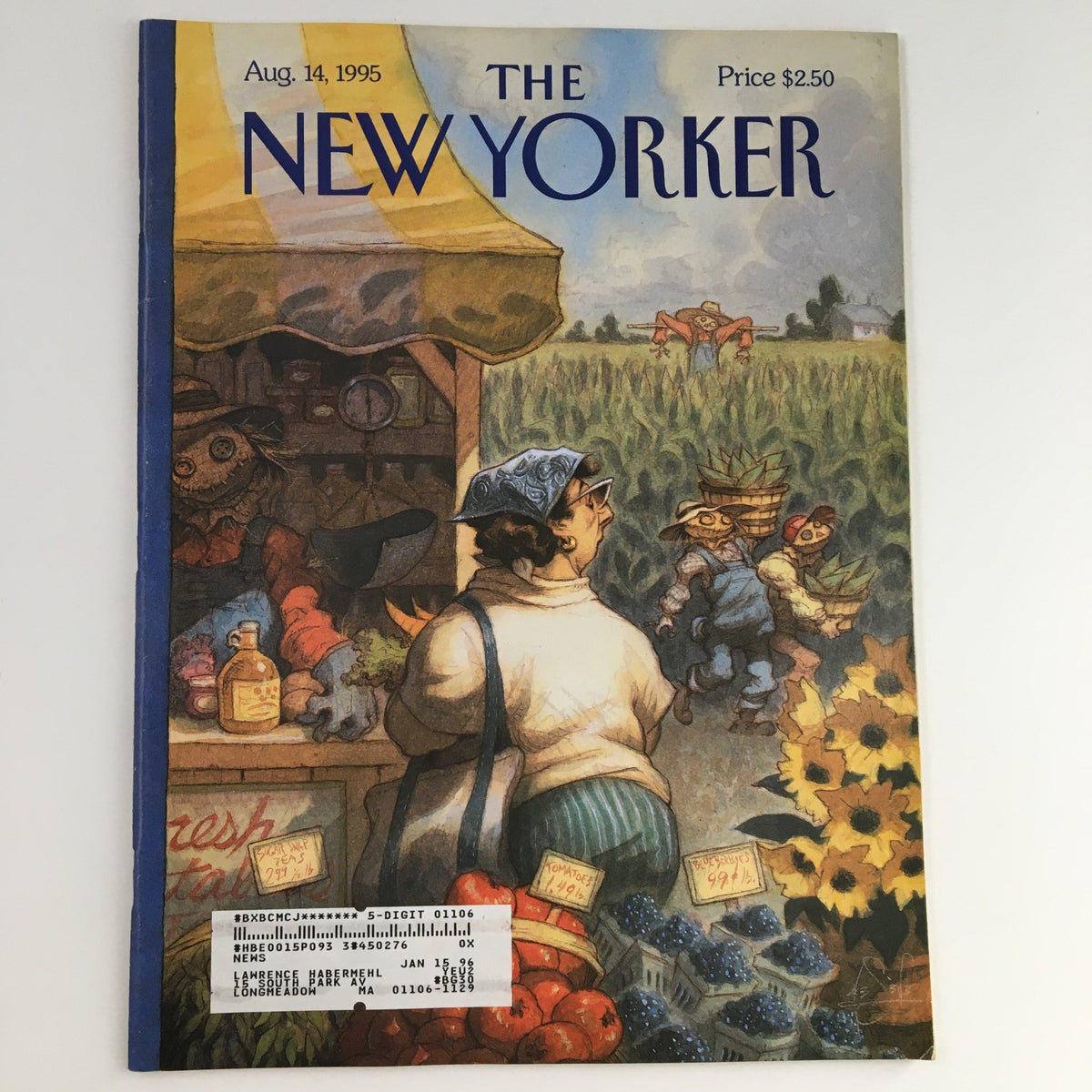 The New Yorker August 14 1995 Full Magazine Cover featuring a theme illustration by Peter de Sève, depicting a farmer at a produce stand surrounded by colorful fruits and whimsical scarecrows.