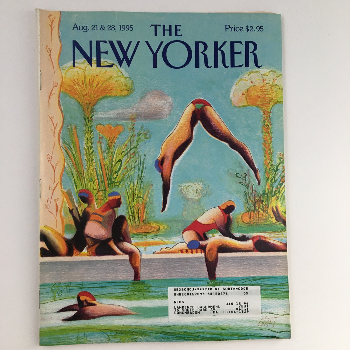 Cover of The New Yorker August 21 1995 featuring colorful illustration by Lorenzo Mattotti, depicting swimmers in a vibrant pool scene.