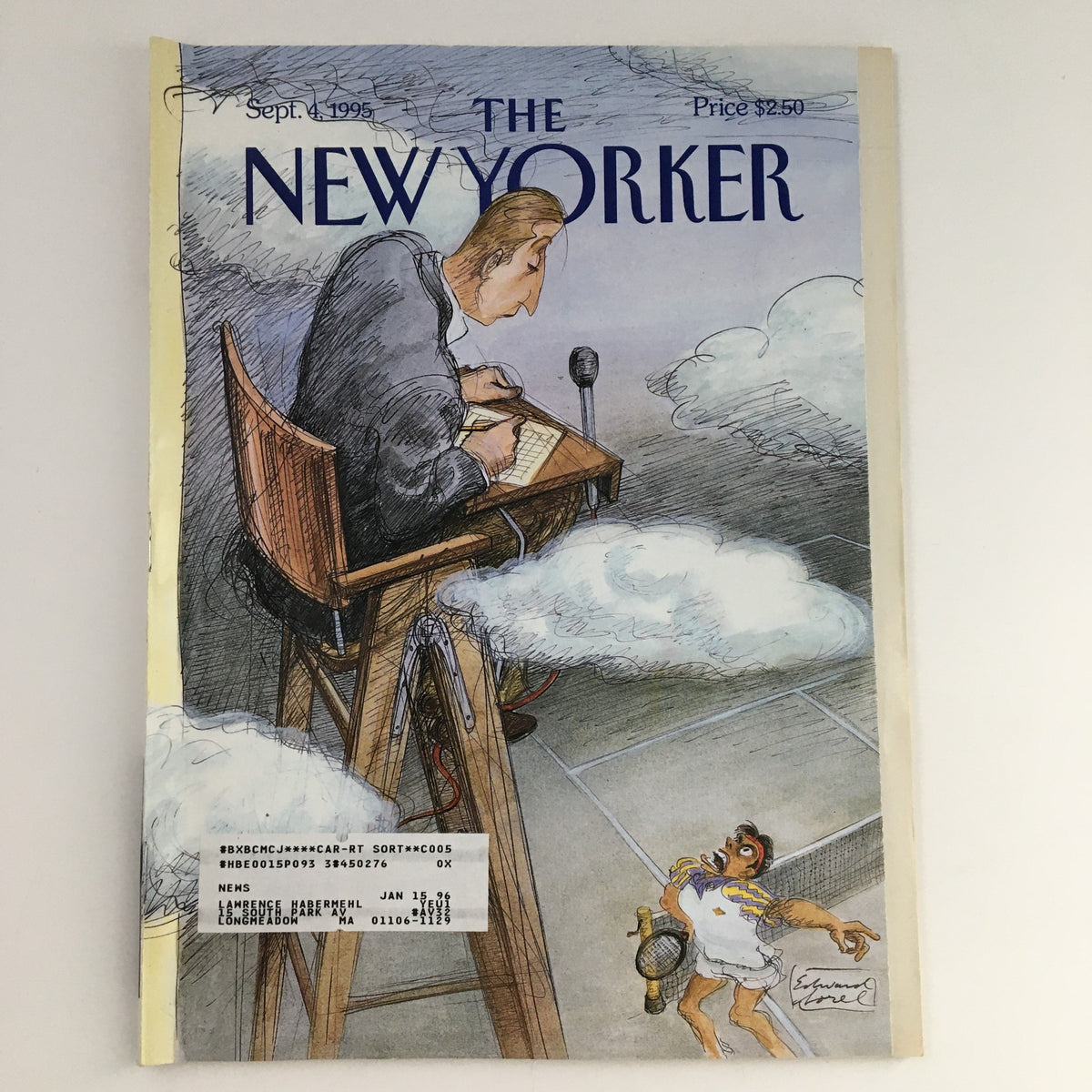 The New Yorker September 4 1995 Cover by Edward Sorel, featuring an illustration of a man drawing while seated on a tall platform, clouds in the background.