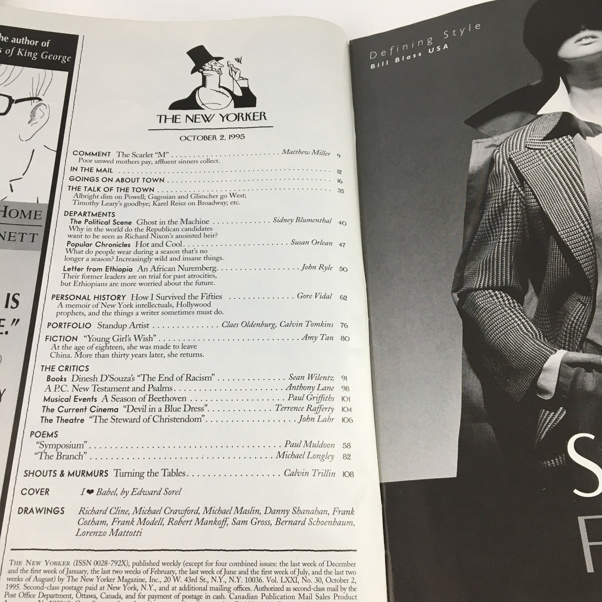 Interior page of The New Yorker October 2, 1995, showcasing the table of contents and highlights from the issue, including articles and features from prominent writers.