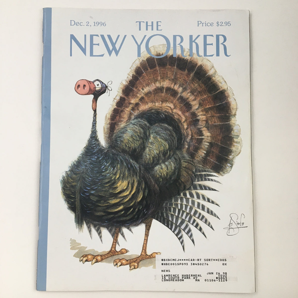 Cover of The New Yorker December 2 1996 featuring a whimsical illustration of a turkey by Peter de Sève, capturing the essence of holiday themes with a humorous twist.