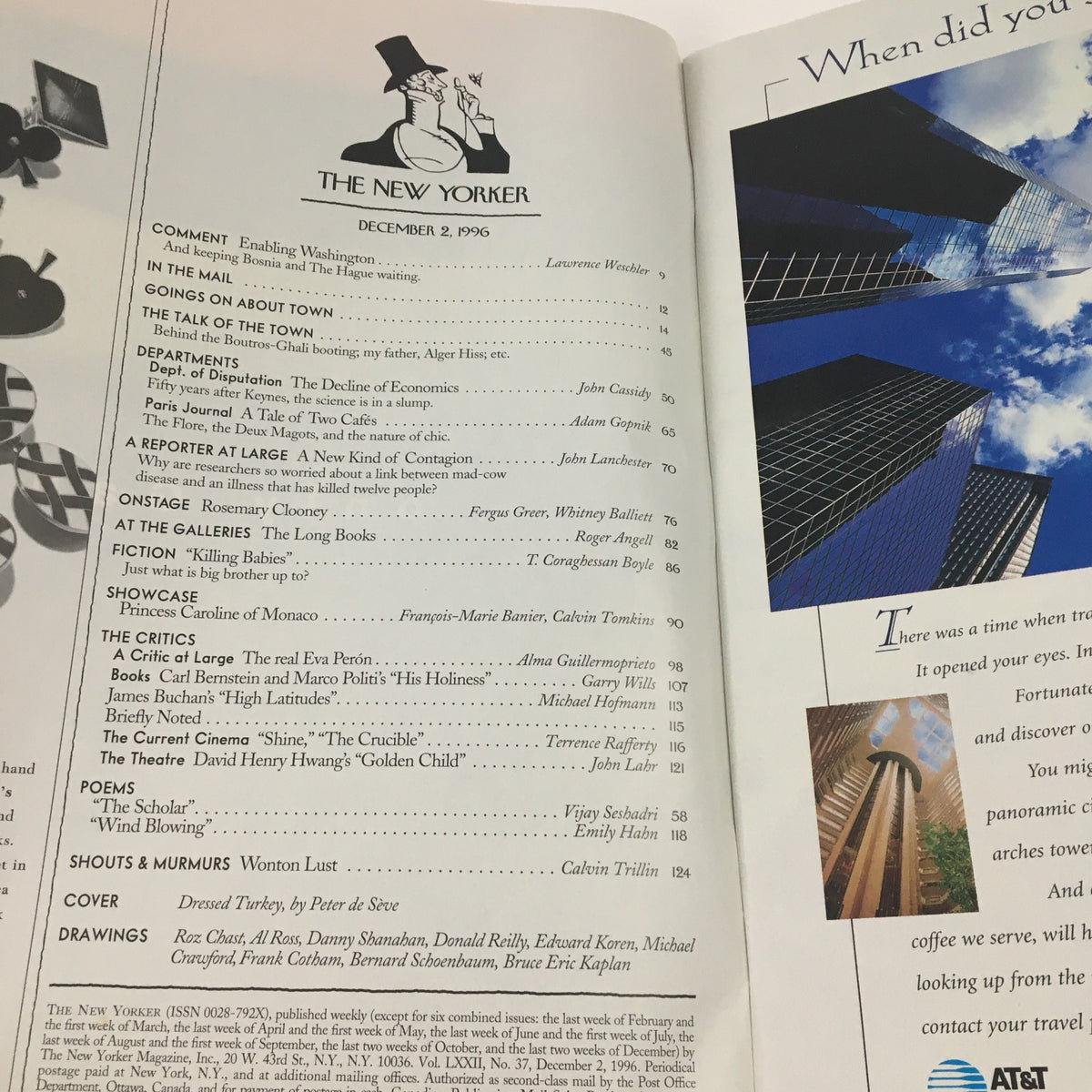 Inside spread of The New Yorker December 2 1996 displaying the magazine's table of contents alongside visually striking photographs, showcasing the editorial design and articles of the issue.