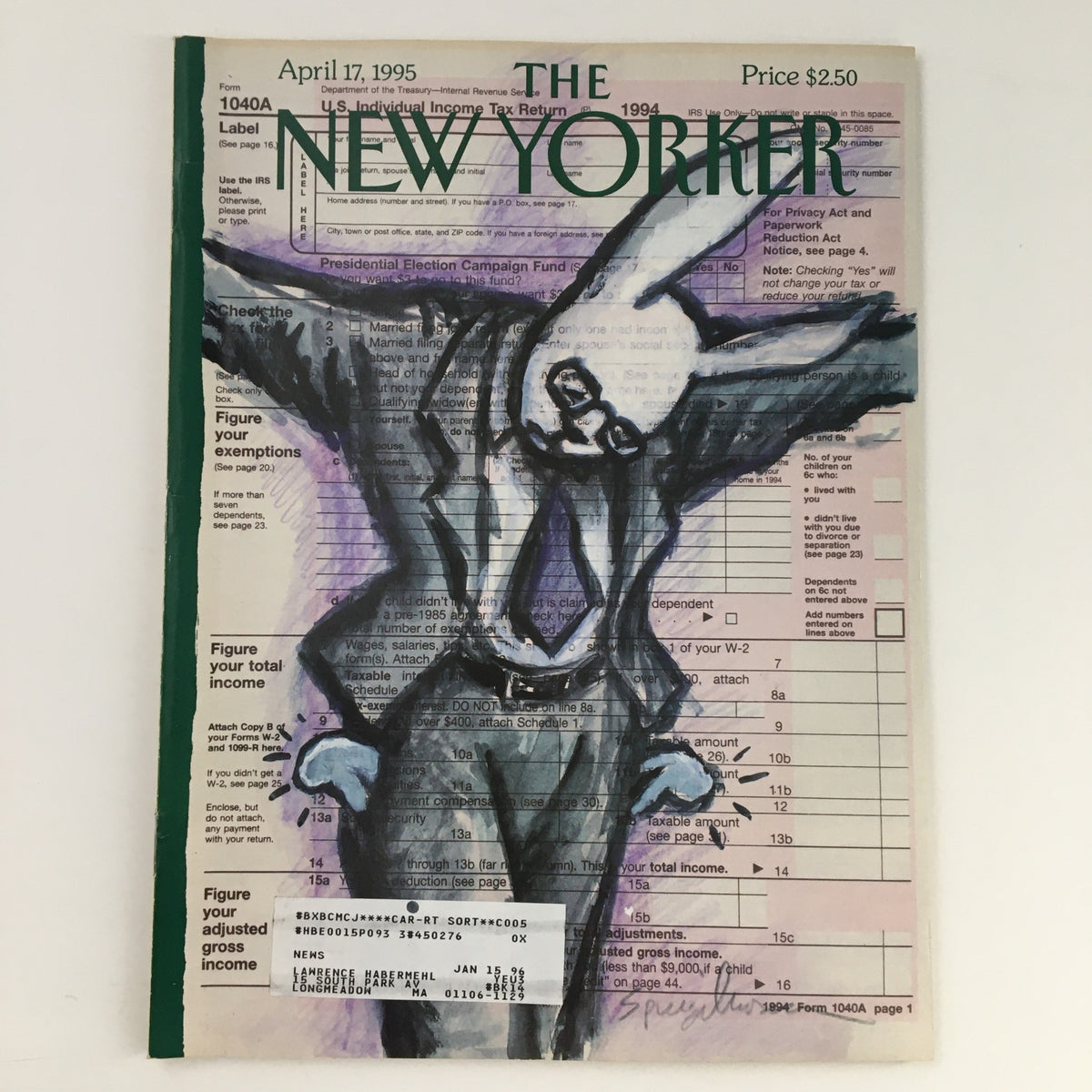 The New Yorker April 17, 1995 cover featuring a unique illustration by Art Spiegelman, showcasing a rabbit wearing a suit against a backdrop of tax forms.