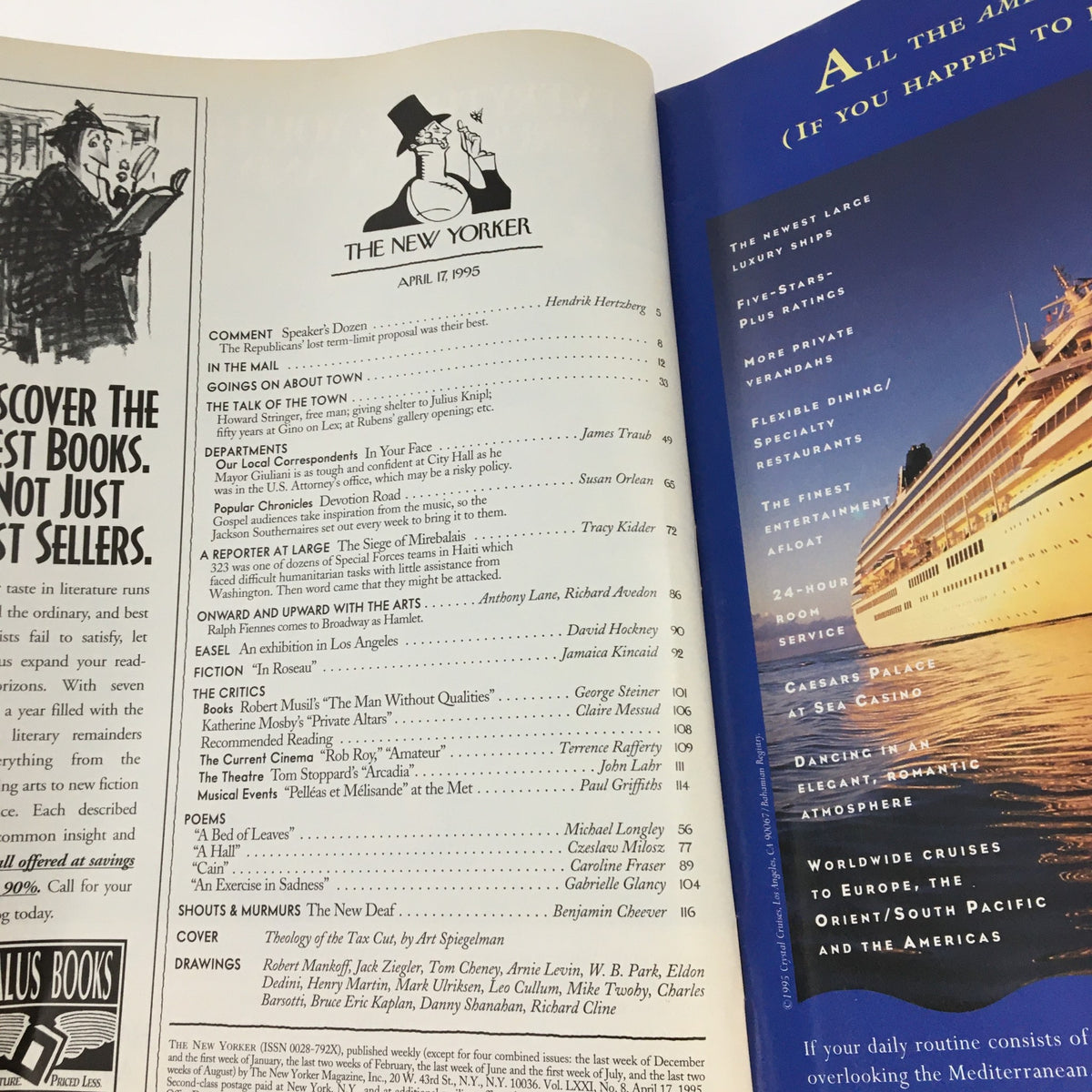 Inside page of The New Yorker April 17, 1995 revealing the table of contents, featuring various articles and illustrations, highlighting the magazine's editorial offerings.