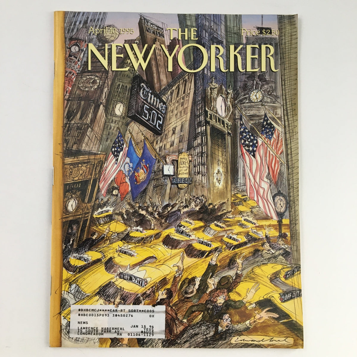 Cover of The New Yorker April 10 1995 issue featuring artwork by Edward Sorel, depicting bustling New York with yellow taxis and iconic landmarks.