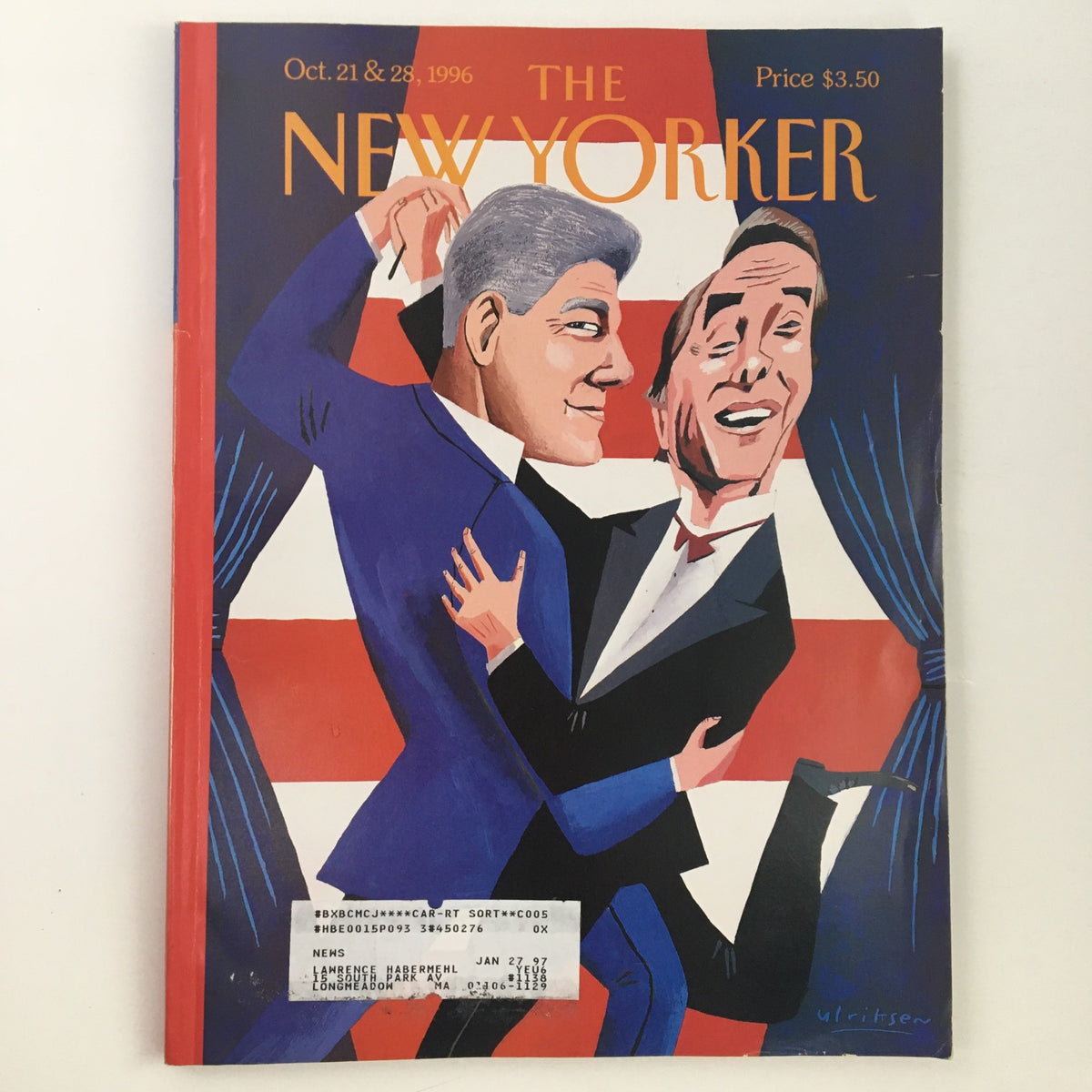 The New Yorker October 21 1996 Full Magazine Theme Cover by Mark Ulriksen showcasing illustrated figures resembling two politicians celebrating, with red and white stripes in the background.