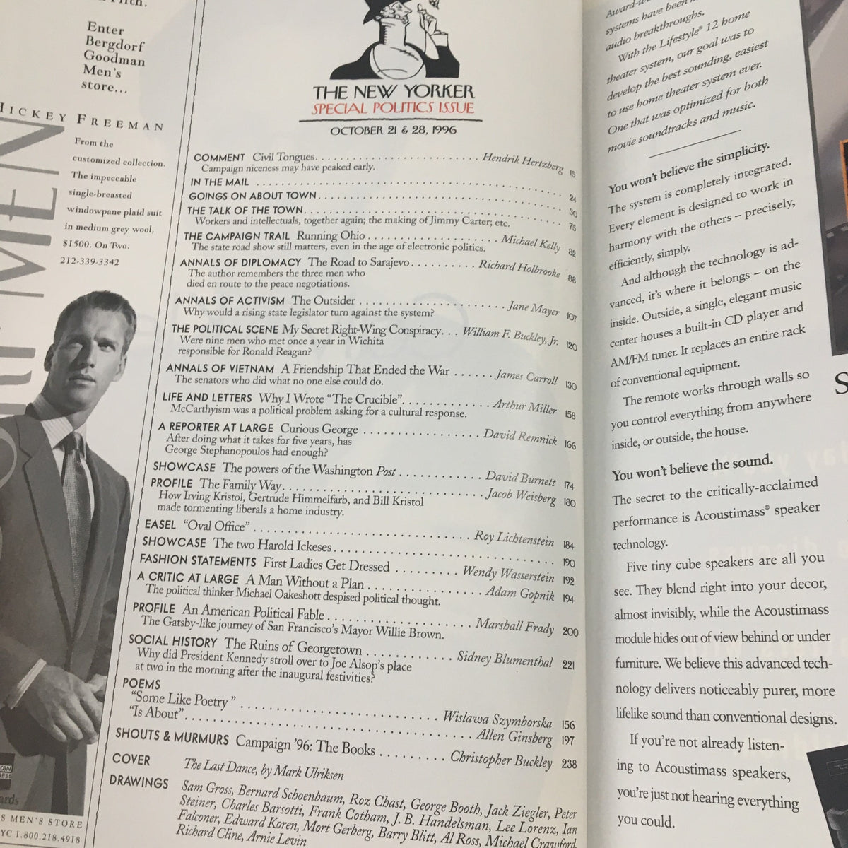 Interior page of The New Yorker October 21 1996 showcasing the table of contents, featuring articles about politics and society, with decorative elements and text.