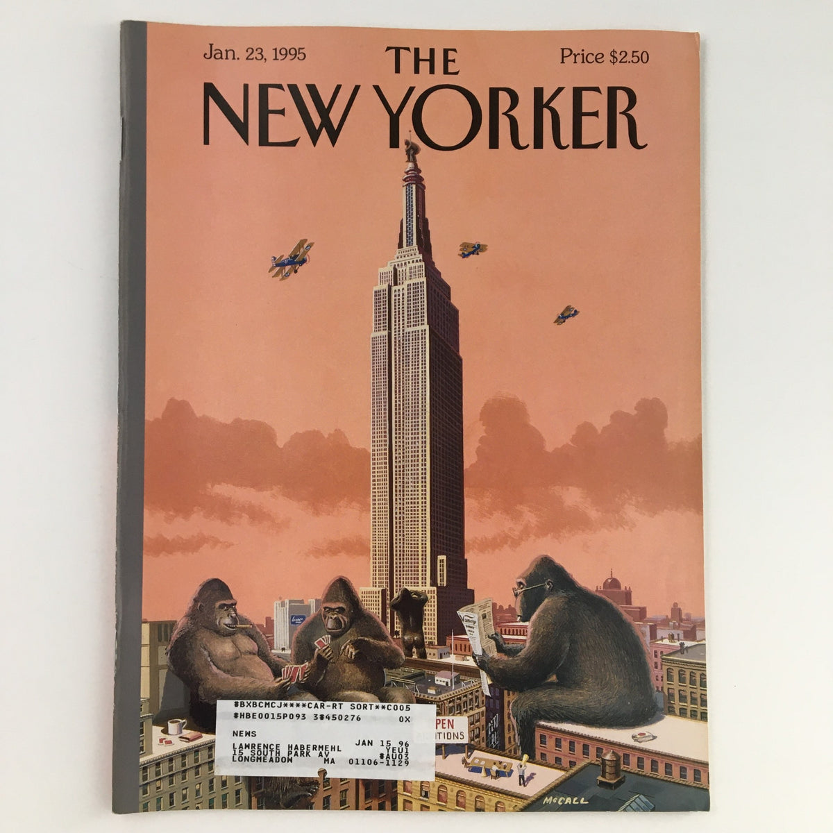 The New Yorker January 23 1995 Full Magazine Theme Cover by Bruce McCall, featuring illustrated gorillas reading and eating in front of the Empire State Building against a sunset background.