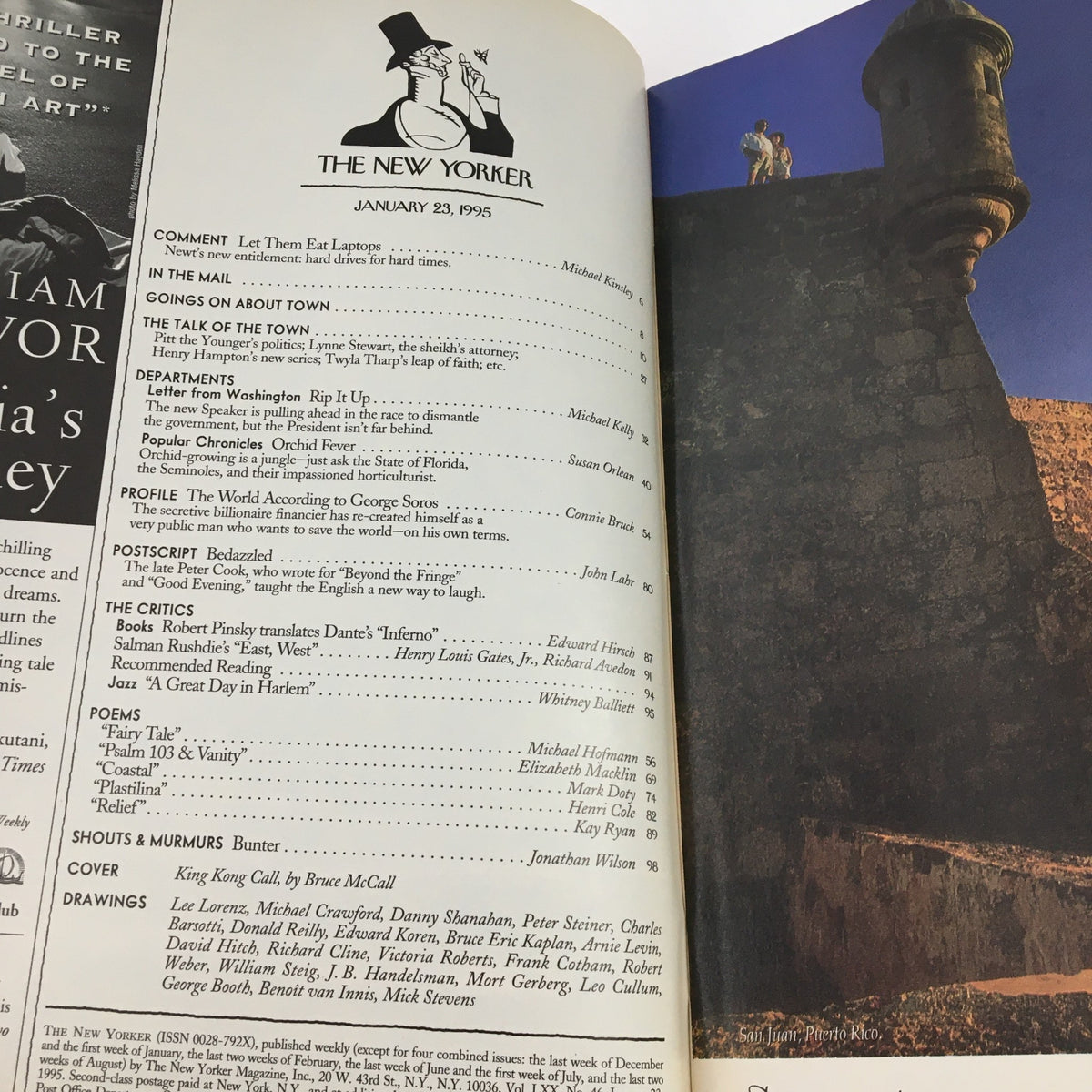 Interior page from The New Yorker January 23 1995, displaying the magazine's table of contents with various articles and illustrations, including the cover reference by Bruce McCall.