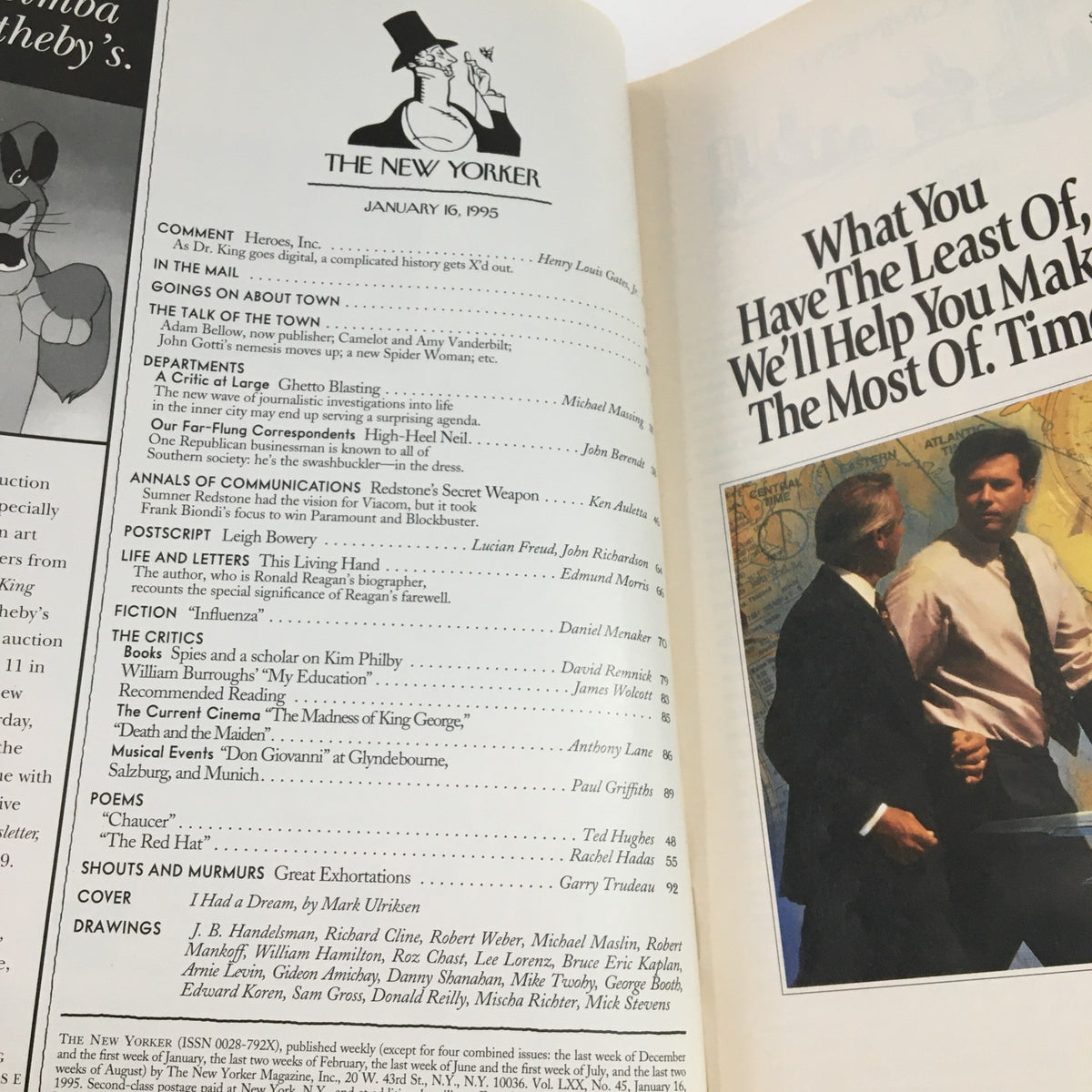 Interior page of The New Yorker magazine, January 16, 1995, showcasing contents and article titles, including details on featured writers and topics for that issue.