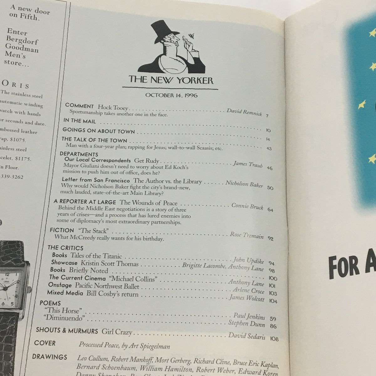 Inside page of The New Yorker October 14 1996 showcasing the table of contents. This page lists various articles, and highlights contributions from notable writers and the cover art by Art Spiegelman, reflecting the magazine's editorial insights of the era.