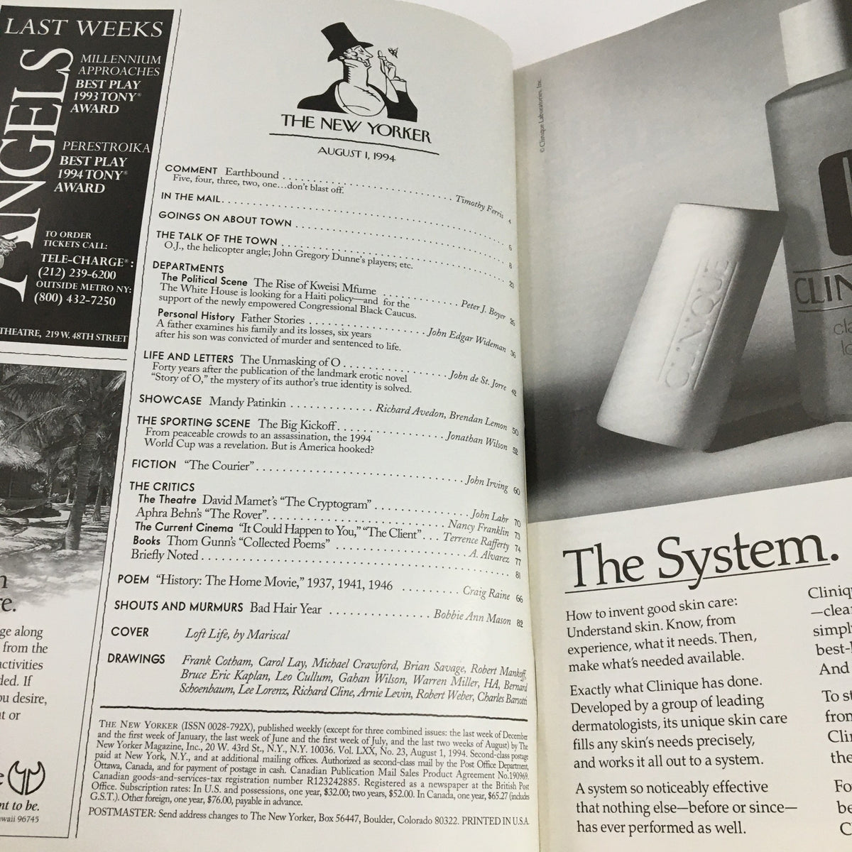 Inside spread of The New Yorker August 1 1994 Full Magazine Theme Cover by Javier Mariscal, showcasing the table of contents and advertisements related to cultural insights and products from the era.