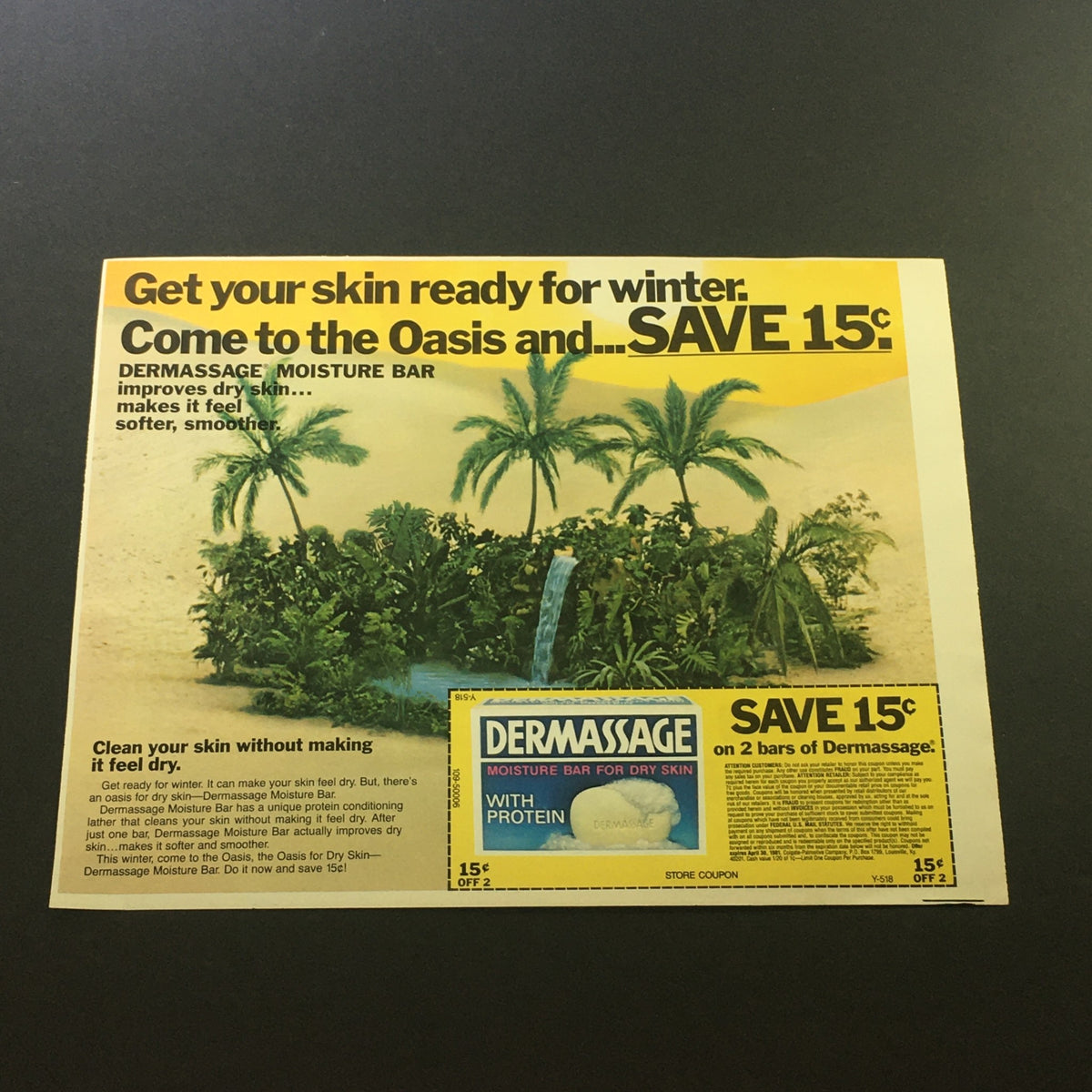 VTG 1981 Vicks Cold & Relief Cough Products Salute Boy & Girl Scouts Ad Coupon showcasing a refreshing oasis with the DERMASSAGE MOISTURE BAR. Perfect for retro advertisement enthusiasts.