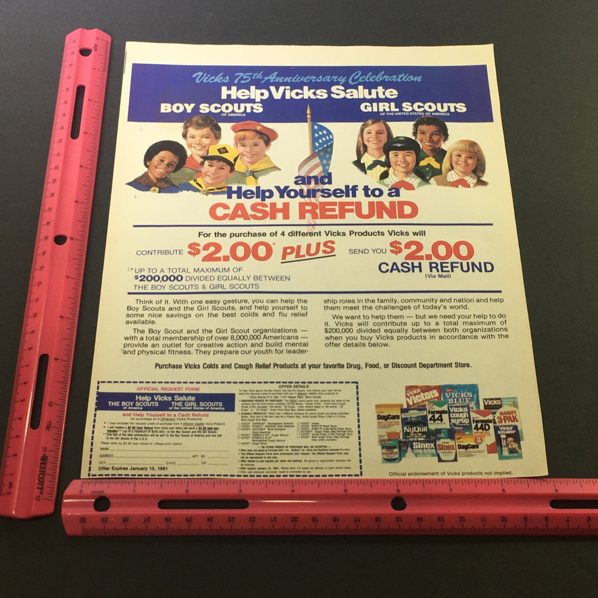 VTG 1981 Vicks Cold & Relief Cough Products Salute Boy & Girl Scouts Ad Coupon with a vibrant layout highlighting Vicks products and a cash refund offer for scouts. A must-have for vintage ad collectors.