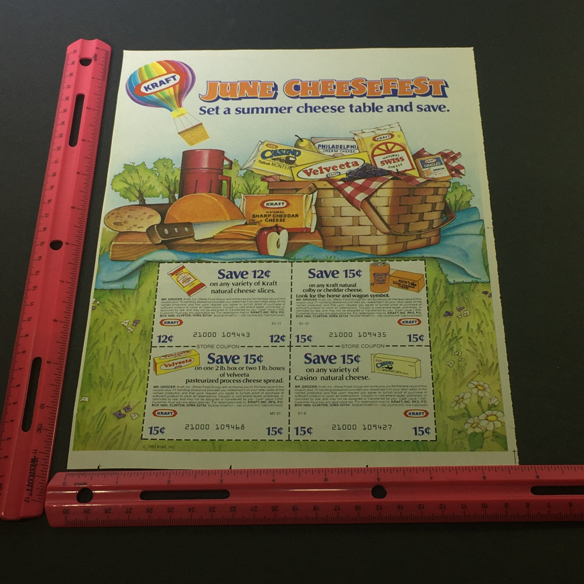 VTG 1981 Kraft Natural Colby or Cheddar Cheese June Cheesefest Print Ad Coupon displaying summer cheese-themed advertisement with coupon savings on Kraft products.