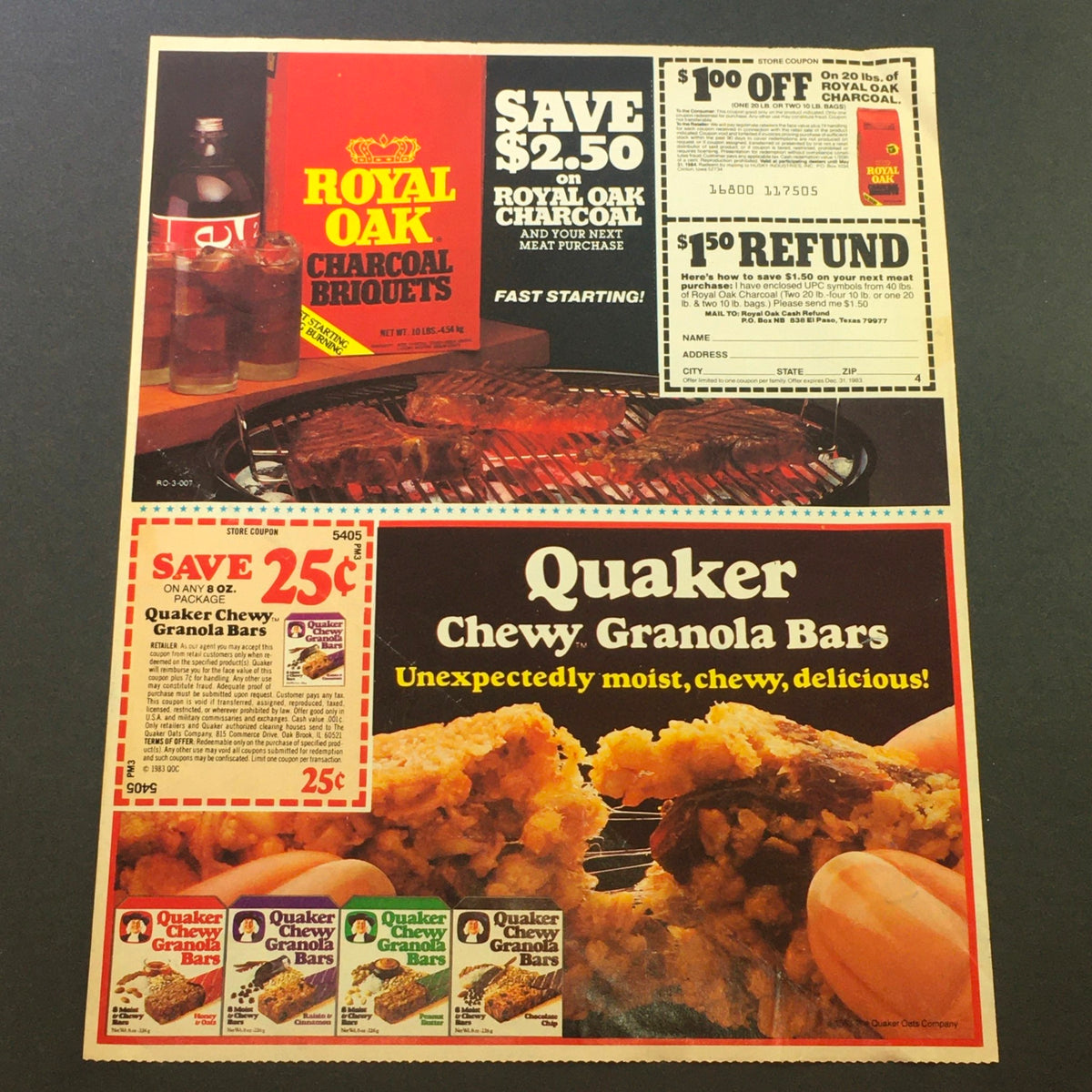 VTG 1983 Royal Oaks Charcoal Briquets & Quaker Chewy Granola Bars Ad Coupon featuring promotions for $2.50 off Royal Oak Charcoal and $0.25 off Quaker Chewy Granola Bars, showcasing grilled meats and granola bars with details on coupon savings.