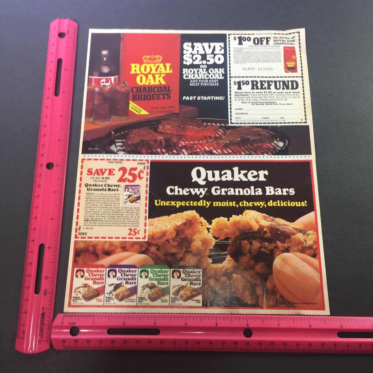Promotional image of the VTG 1983 Royal Oaks Charcoal Briquets & Quaker Chewy Granola Bars ad coupon highlighting various discounts and offers on charcoal and granola bars.