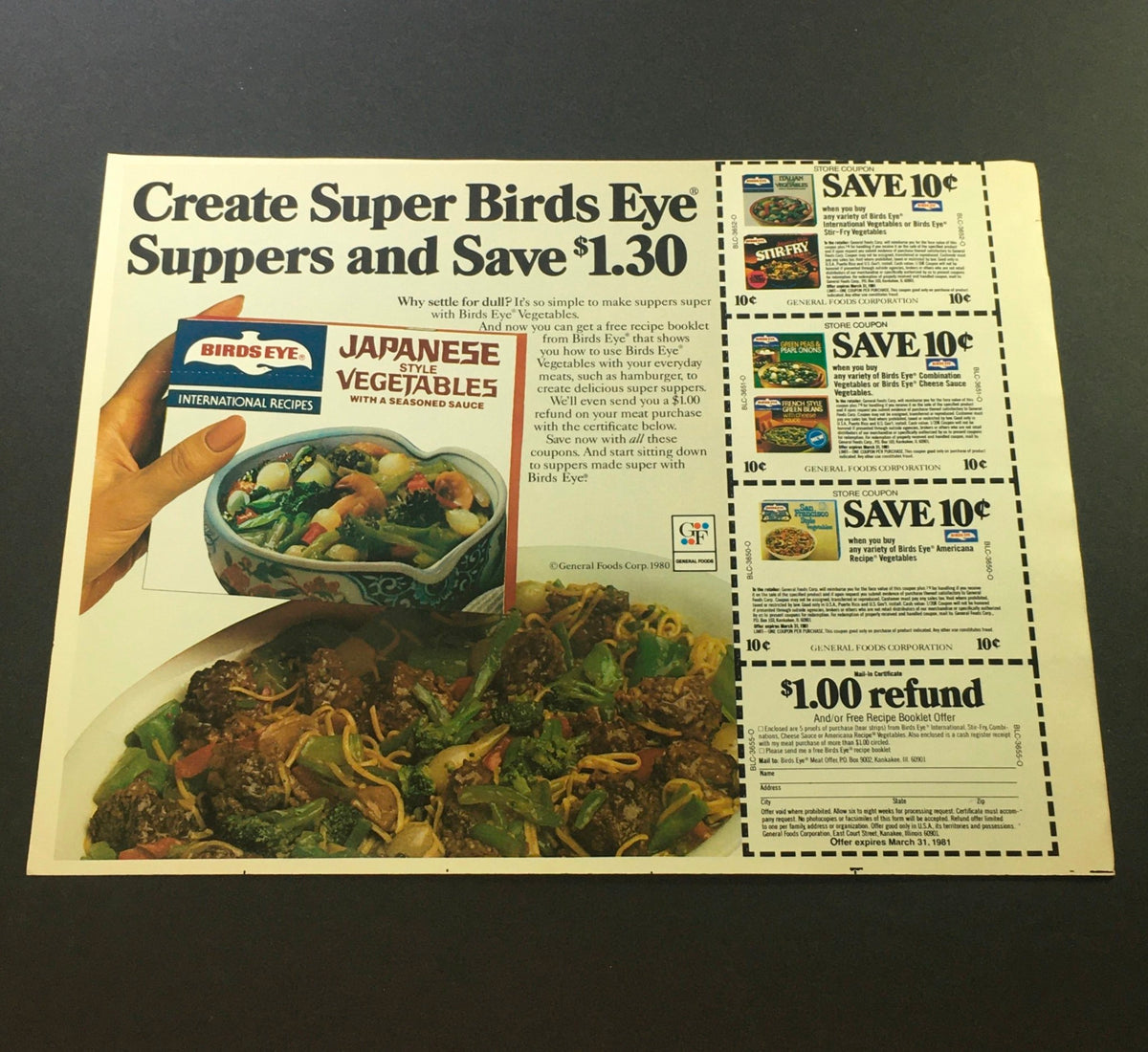 VTG 1980 Birds Eye Cool Whip Non-Dairy Whipped Topping Print Ad displaying a hand holding Birds Eye Japanese Style Vegetables, with a coupon offer encouraging savings on Birds Eye products.