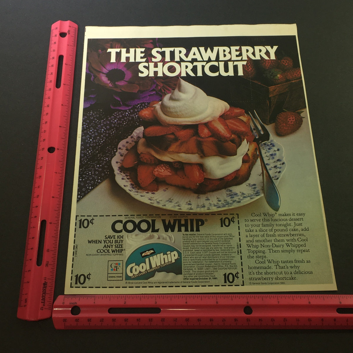 VTG 1980 Birds Eye Cool Whip Non-Dairy Whipped Topping print advertisement featuring a dessert of strawberries and whipped topping, with the offer details and pricing displayed, showcasing the nostalgic design of the era.