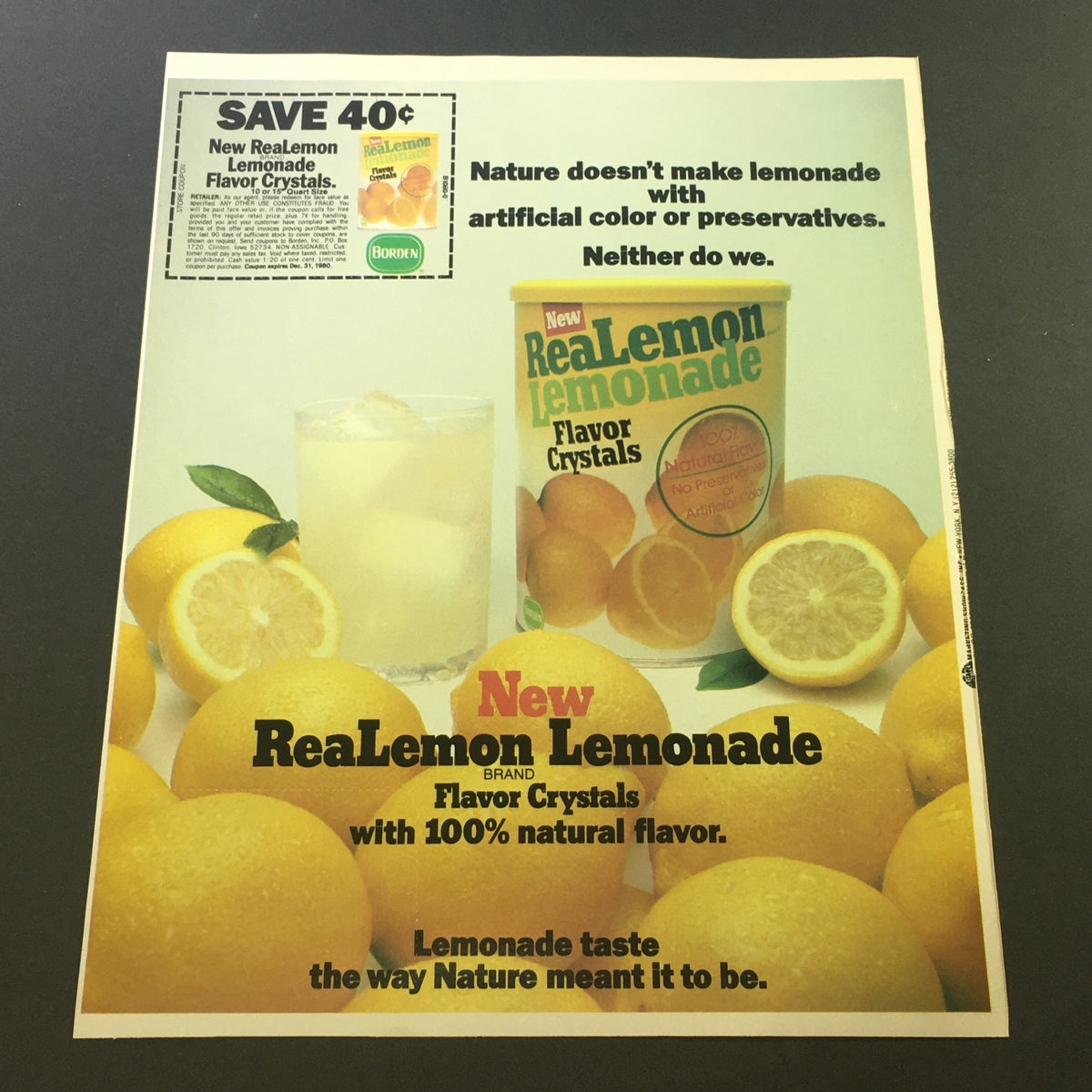 VTG 1981 Kellogg's Corn Flakes, Sugar Frosted Flakes Fruit & Cereal Offer Coupon featuring a promotional ad for ReaLemon Lemonade Flavor Crystals, highlighting 40% savings and emphasizing natural flavor without artificial additives.