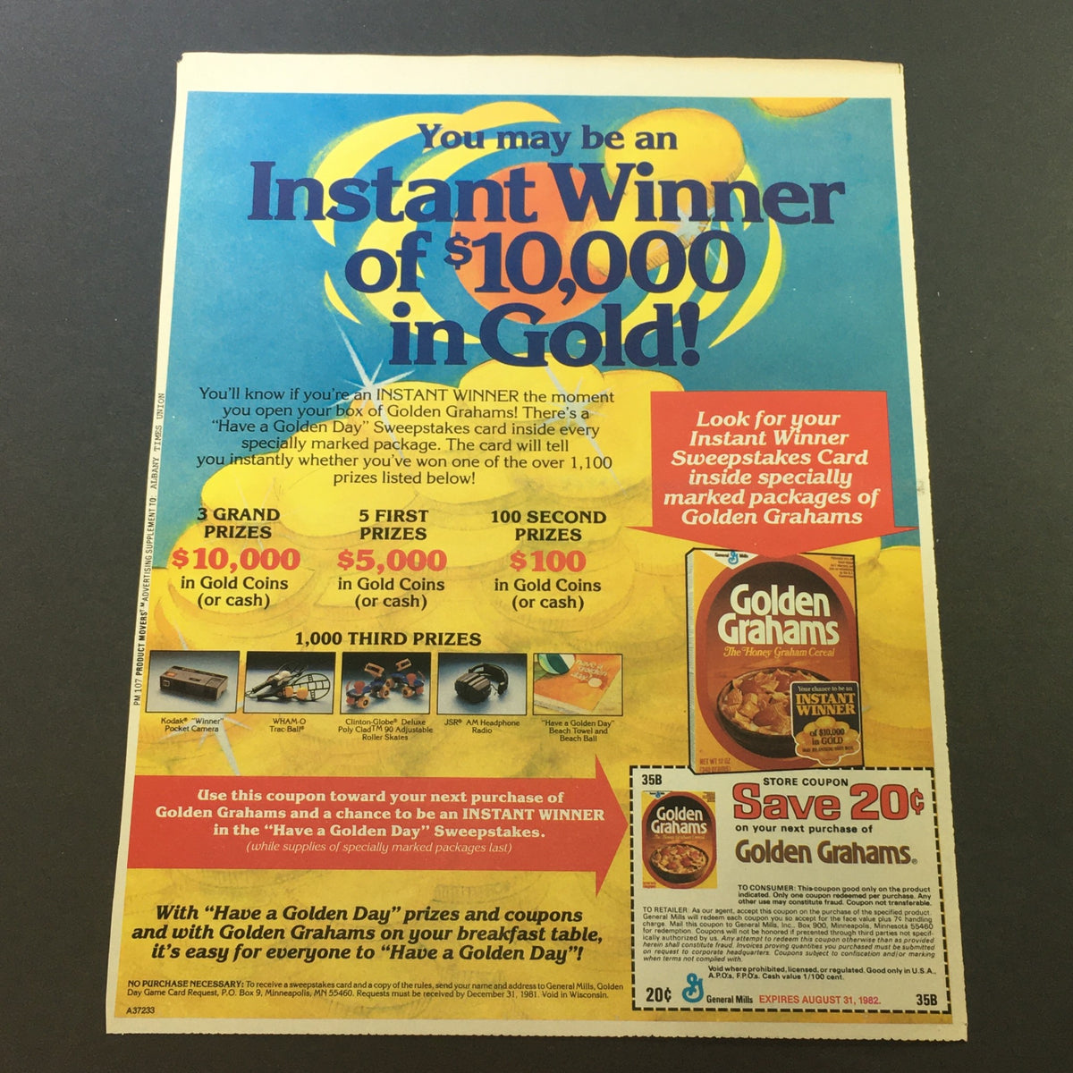VTG 1982 Golden Grahams The Honey Graham Cereal Sweepstakes Print Ad Coupon showcasing a contest to win up to $10,000 in gold, with details on prizes and a coupon for savings.